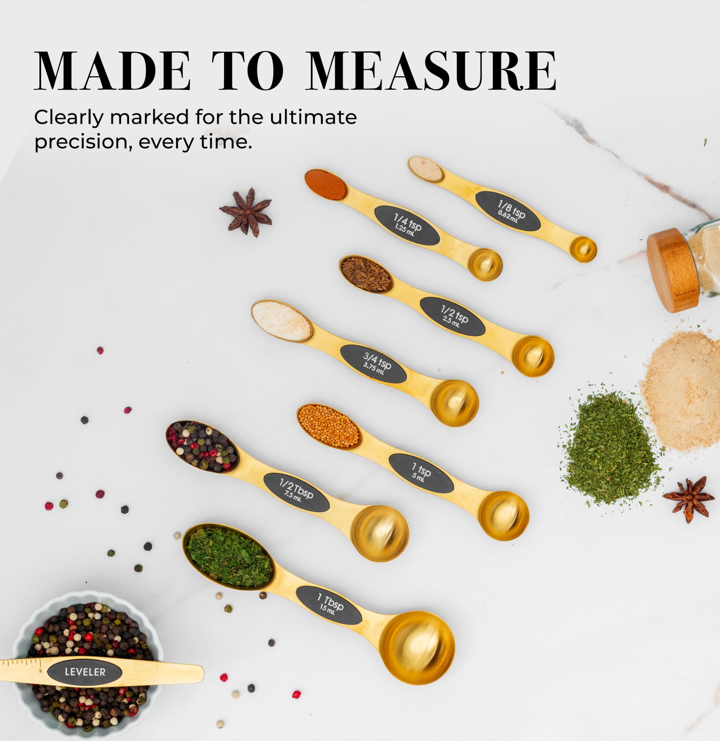 Magnetic Measuring Spoons Set - Stainless Steel Gold Measuring Spoons For Cooking And Baking - Cute And Durable Gold Kitchen Acc