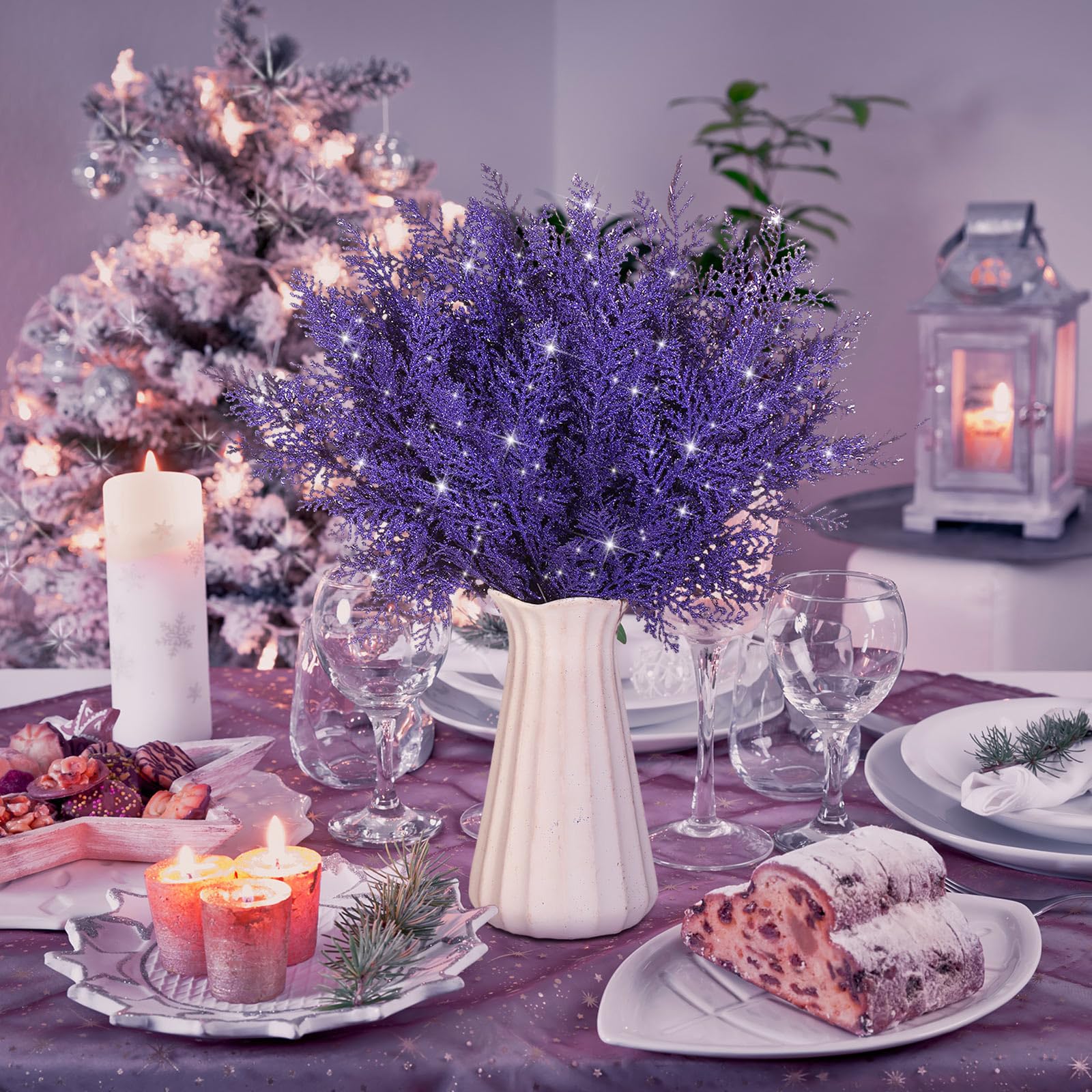 Cindeer 100 Pcs Christmas Tree Picks Sprays 10.24 Inch Glitter Artificial Pine Leaves Cedar Stems Faux Pine Needles Greenery Ced