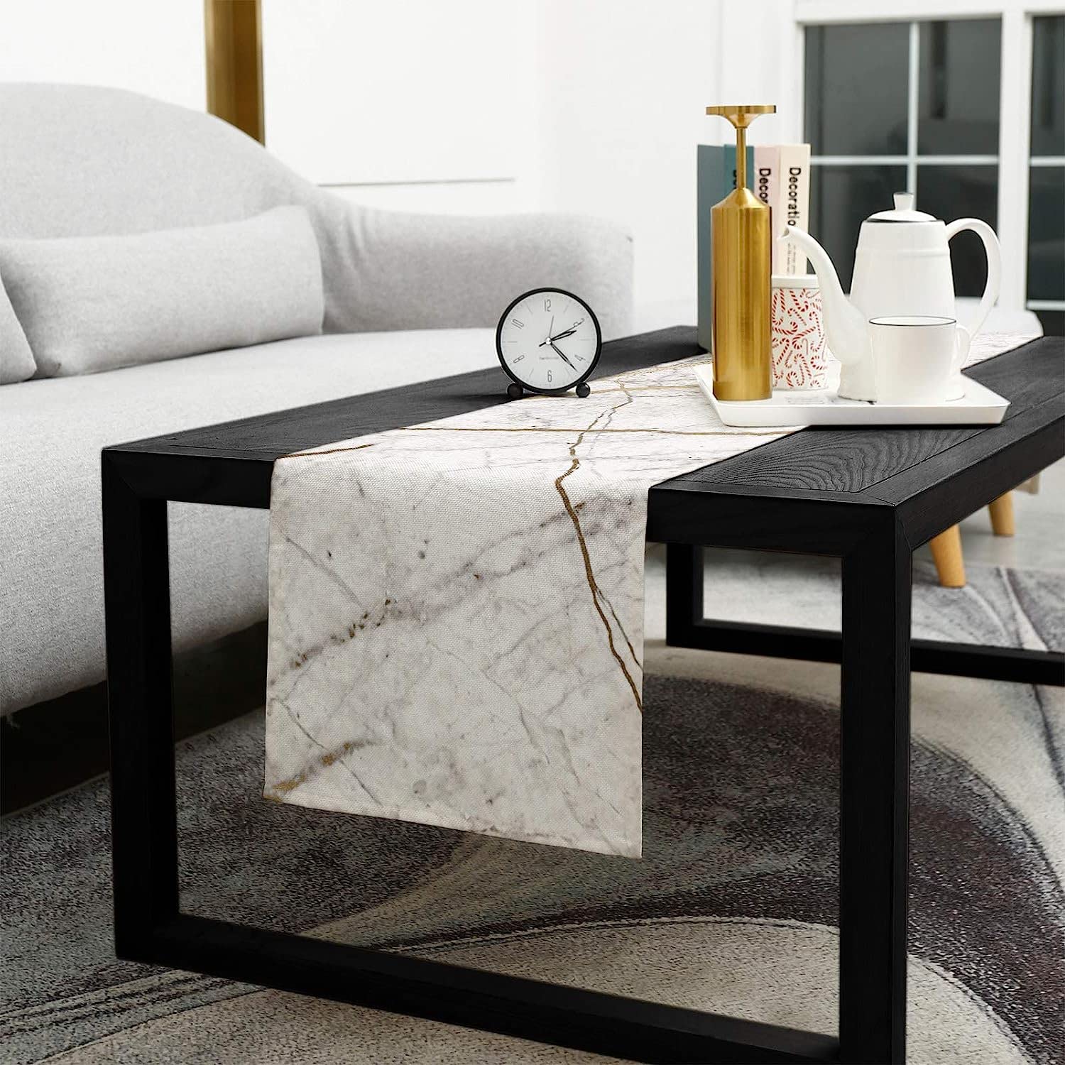 Marble Table Runner-Cotton Linen-Small 36 Inches White Gray Gold Dresser Scarves,Texture Tablerunner For Kitchen Coffee/Dining/S