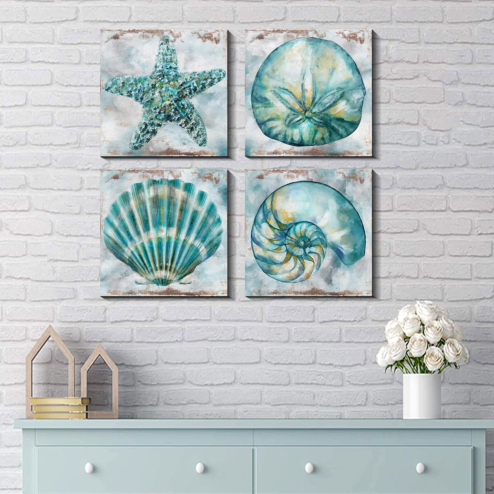 Teal Conch Canvas Wall Art Bathroom Decor Rustic Beach Watercolor Aqua Starfish Prints Pictures Vintage Shell Laundry Painting P