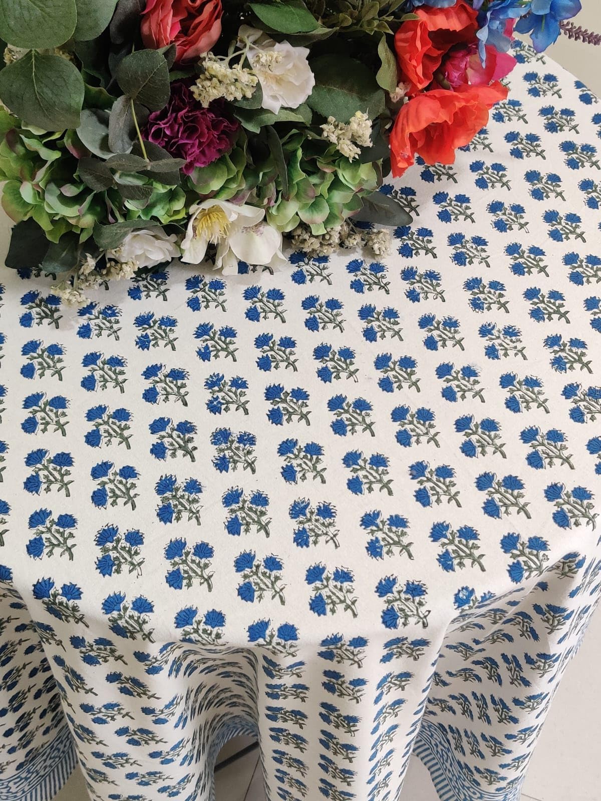 ATOSII Gulbahar Blue 100% Cotton Fall Round Tablecloth, Handblock Print Floral Table Cloth for Kitchen Dining Linen I Thanksgivi