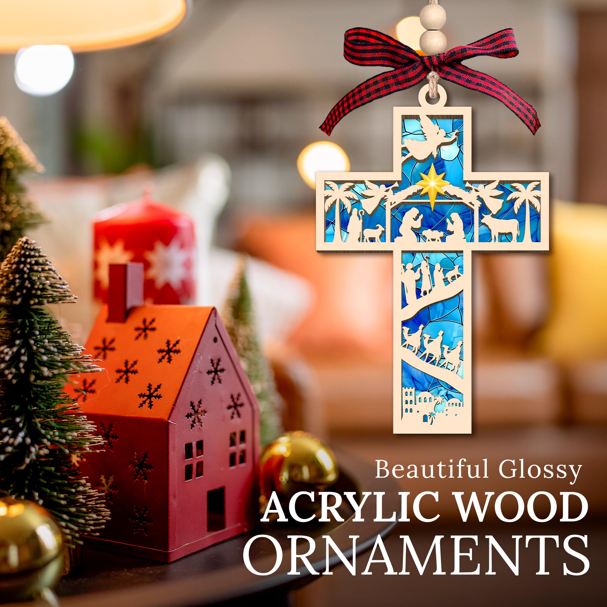 HEXMOZ Nativity Cross Ornament for Christmas Tree - Religious, Christian Christmas Ornaments 2025 Gifts for Family - Acrylic Woo