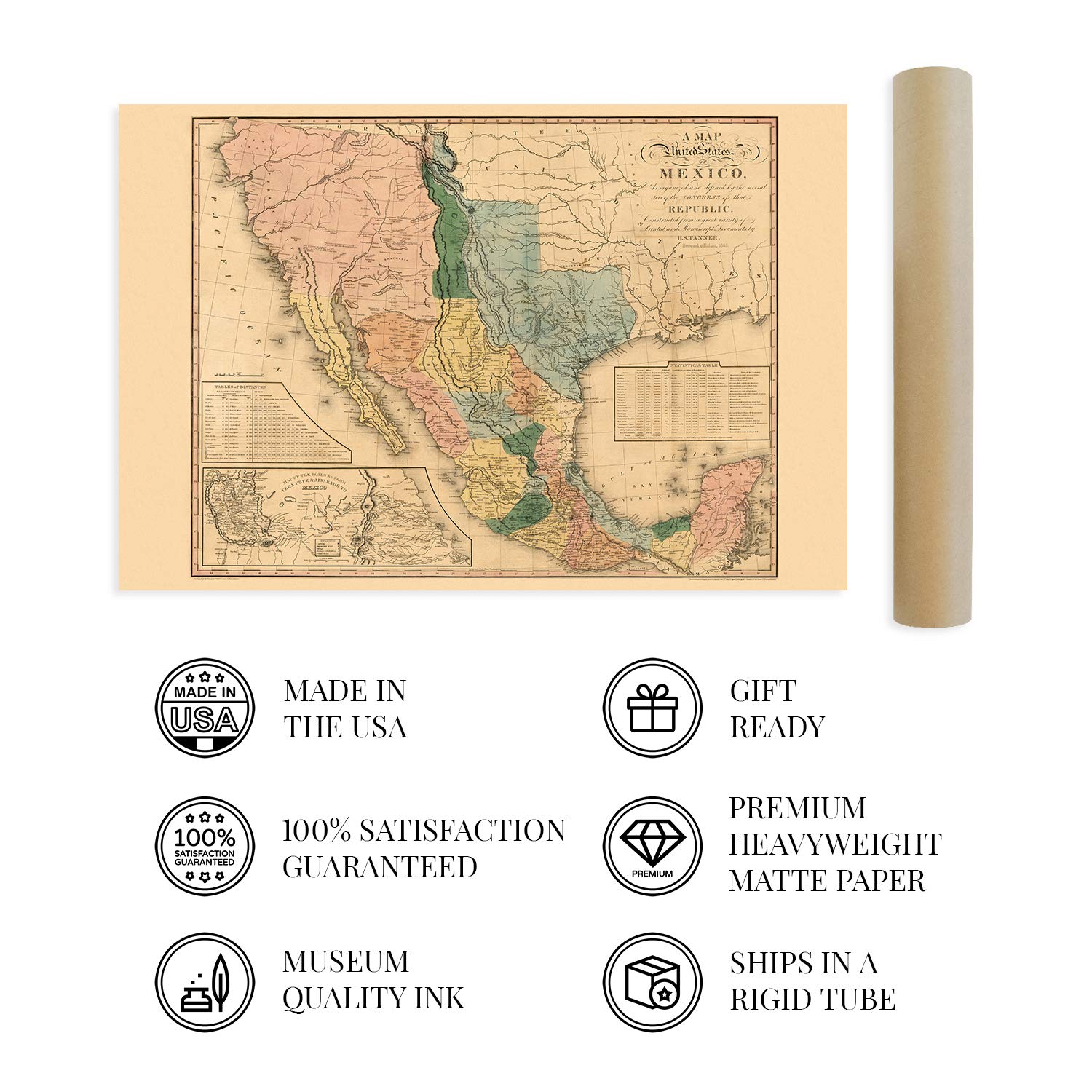 HISTORIX Vintage 1846 Mexico Map Poster - 24x36 Inch Wall Art - Paper, White/Off-White - Historic United States of Mexico Wall Map