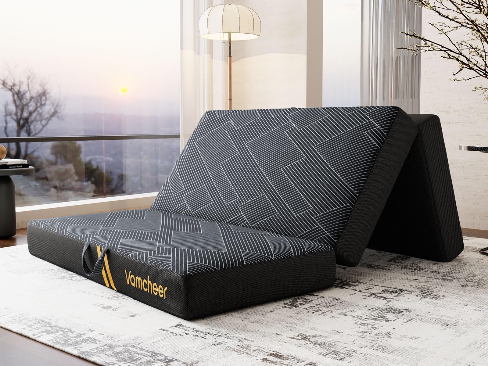 Vamcheer Tri Folding Mattress Twin Size - 6 Inch Foldable Mattress Portable Memory Foam Mat with Handle & Non-Slip Bottom, Washa