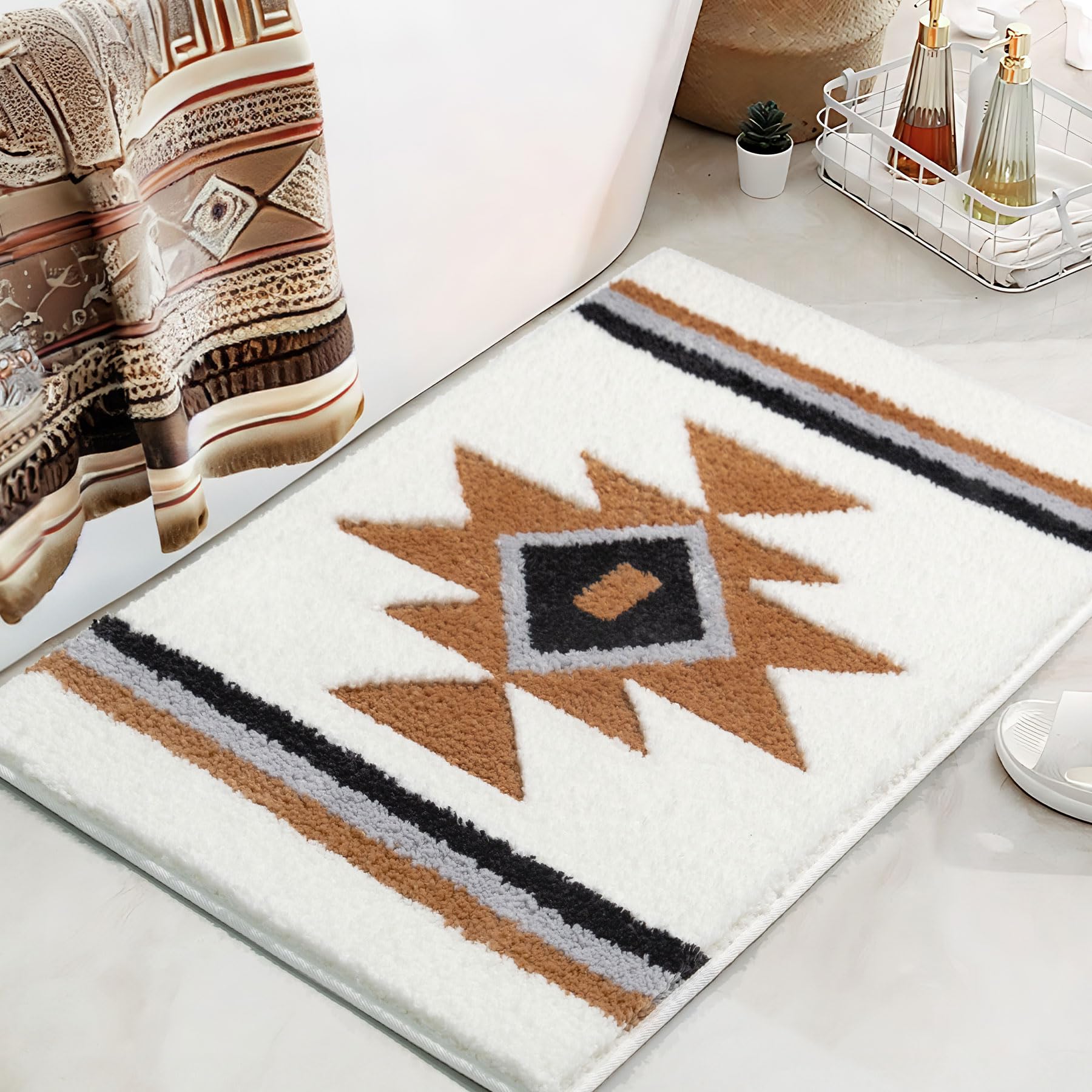 Tanvill Bathroom Rugs White Boho Bath Mat Non Slip, Soft Absorbent Microfiber Washable Bath Rug Floor Mat For Bathroom Shower Tu