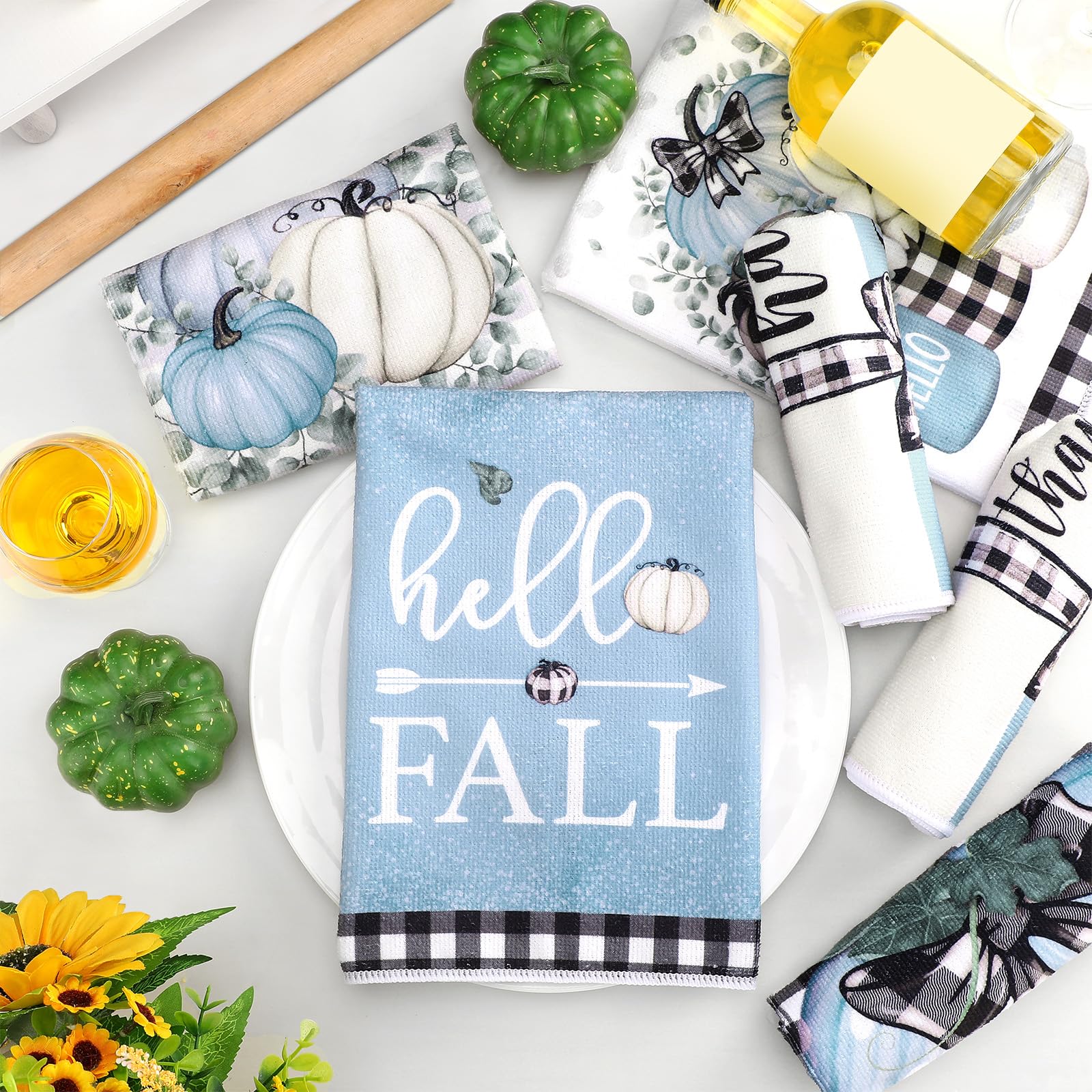 Windkream 6 Pieces Fall Kitchen Towels Thanksgiving Blue Pumpkin Dish Towels Blue Bathroom Hand Towels 21.26 x 14.17 Inches Buff