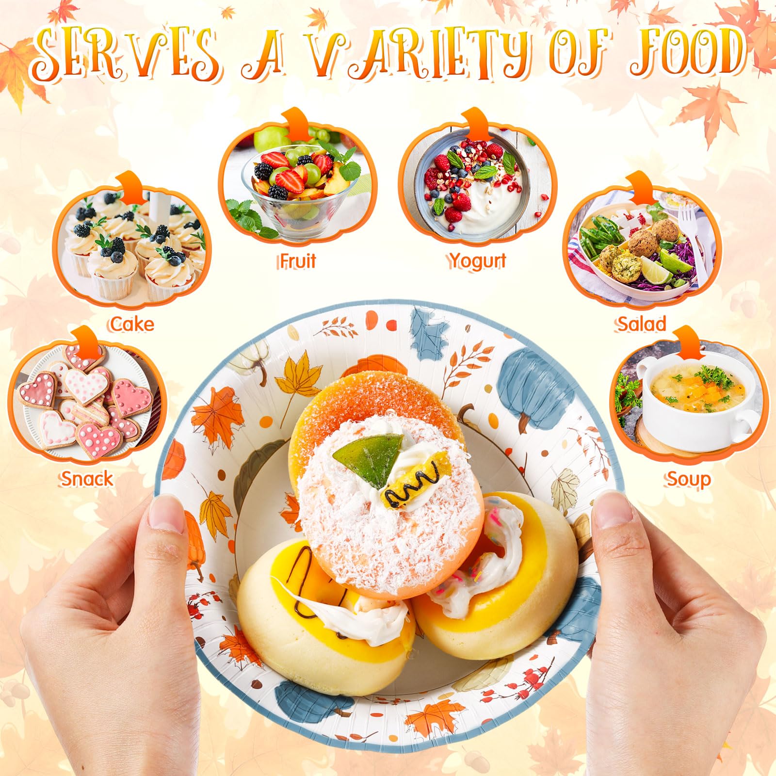 Sliner 50 Pcs 16 oz Thanksgiving Paper Bowl Pumpkin Autumn Maple Leaves Disposable Fall Thanksgiving Soup Bowl for Holiday Party