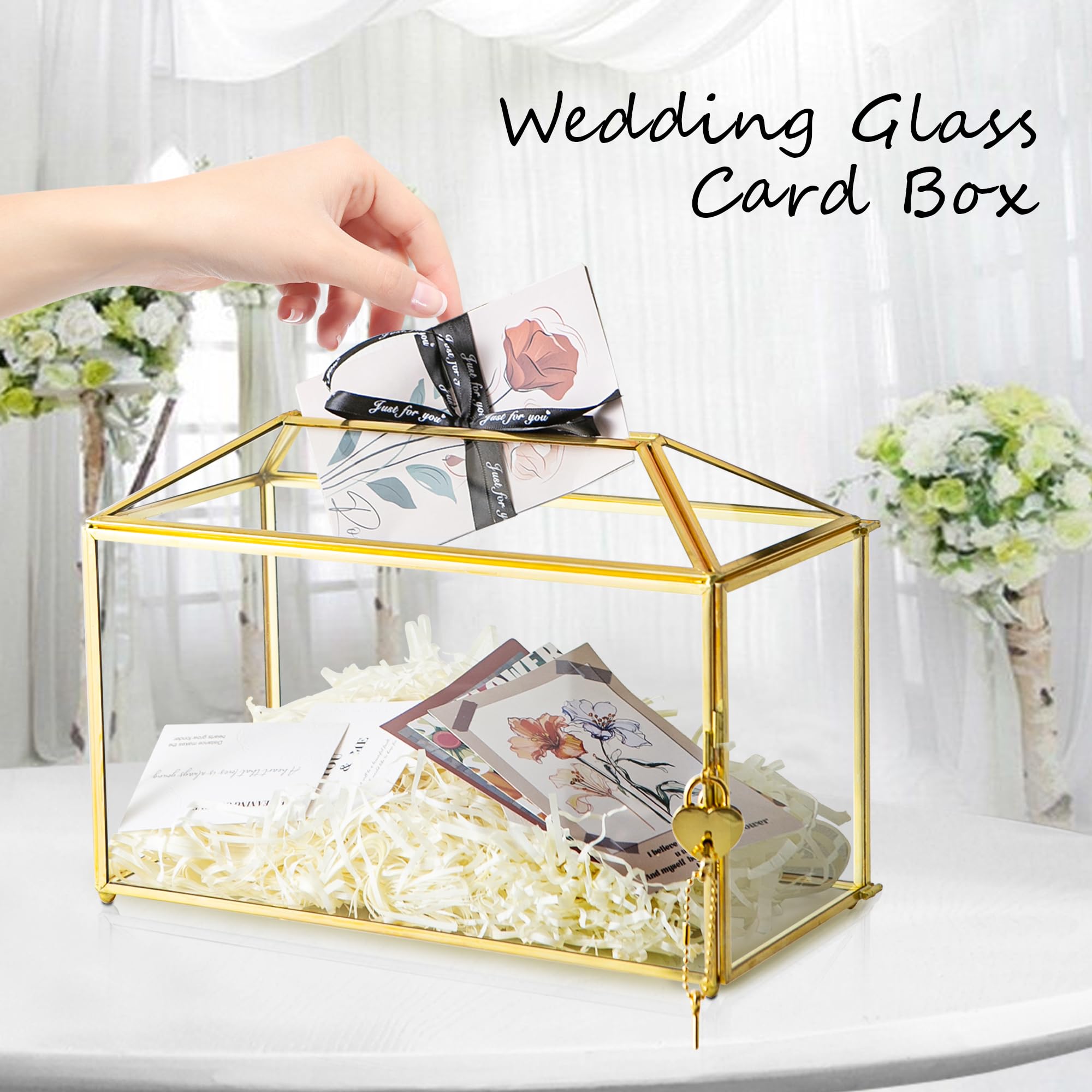 Sanllusit 12.6 x 6 x 9 Wedding Card Box with Slot and Lock, Glass Card Holder for Party Reception, Centerpiece, Home Decorative,