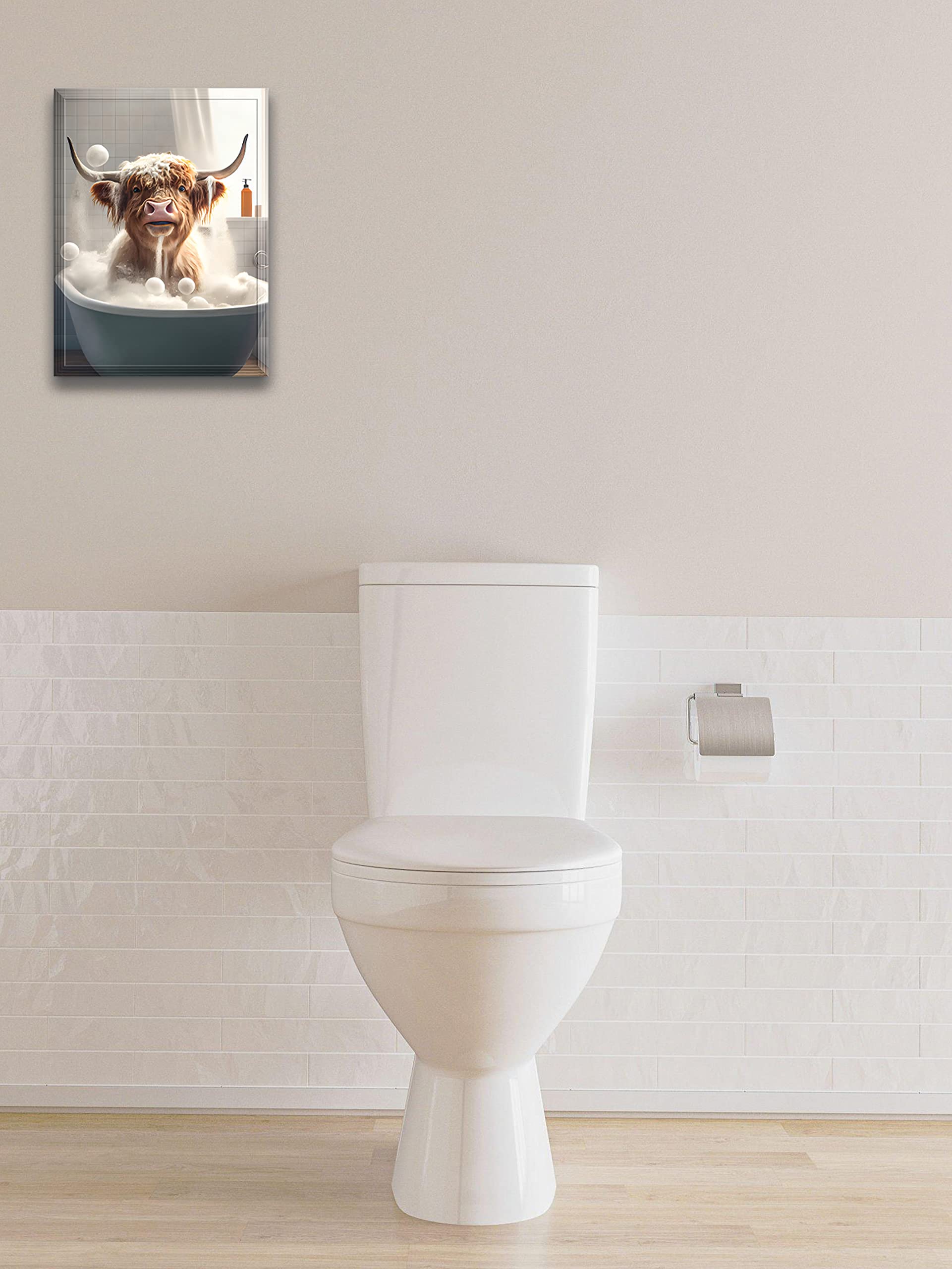 Upwoigh Funny Bathroom Wall Art, Colorful Giraffe Wall Decor, Waterproof Wood Framed Canvas Wall Art Bathing Animals Abstract Pr