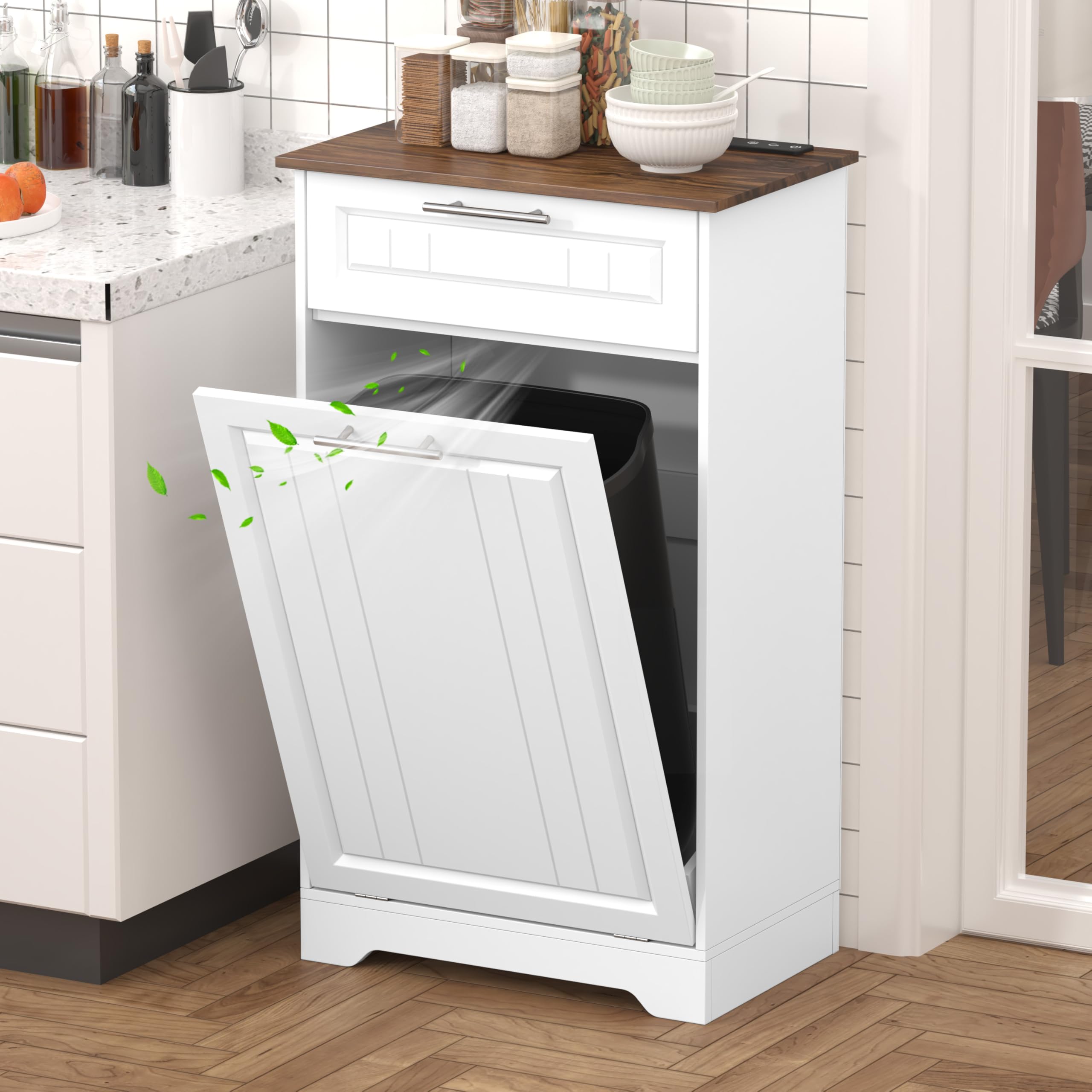 METOTI 10 Gallon Tilt Out Kitchen Trash Can Cabinet with Deodorizing Function, Wooden Garbage Can Cabinet with Storage Drawer, H