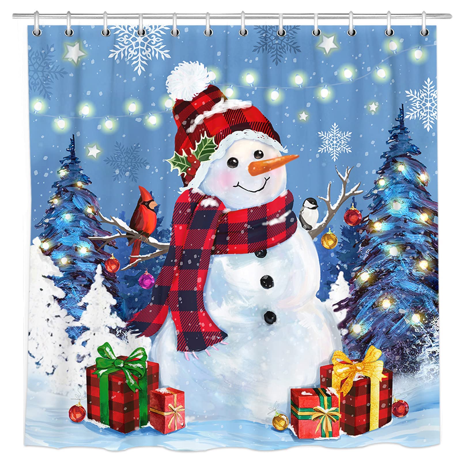 Bonsai Tree Christmas Shower Curtain, Snowman Shower Curtain for Bathroom Decor, Christmas Winter Snowman Curtains with Hooks 72