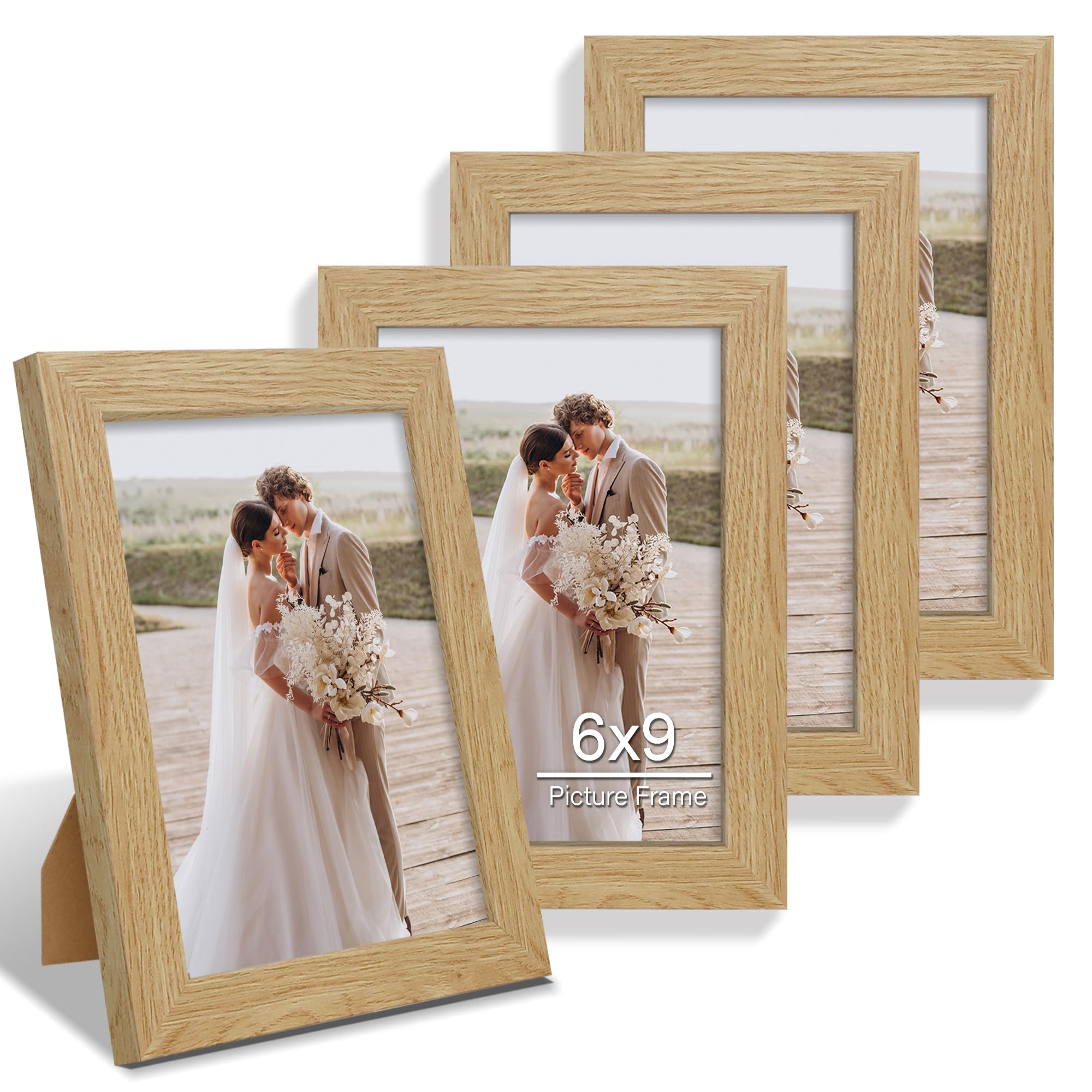 Hongkee 6x9 Picture Frame Set of 4, Made of Real Glass and Natural Oak Wooden Frame - 6 by 9 Photo for Wall or Tabletop Display
