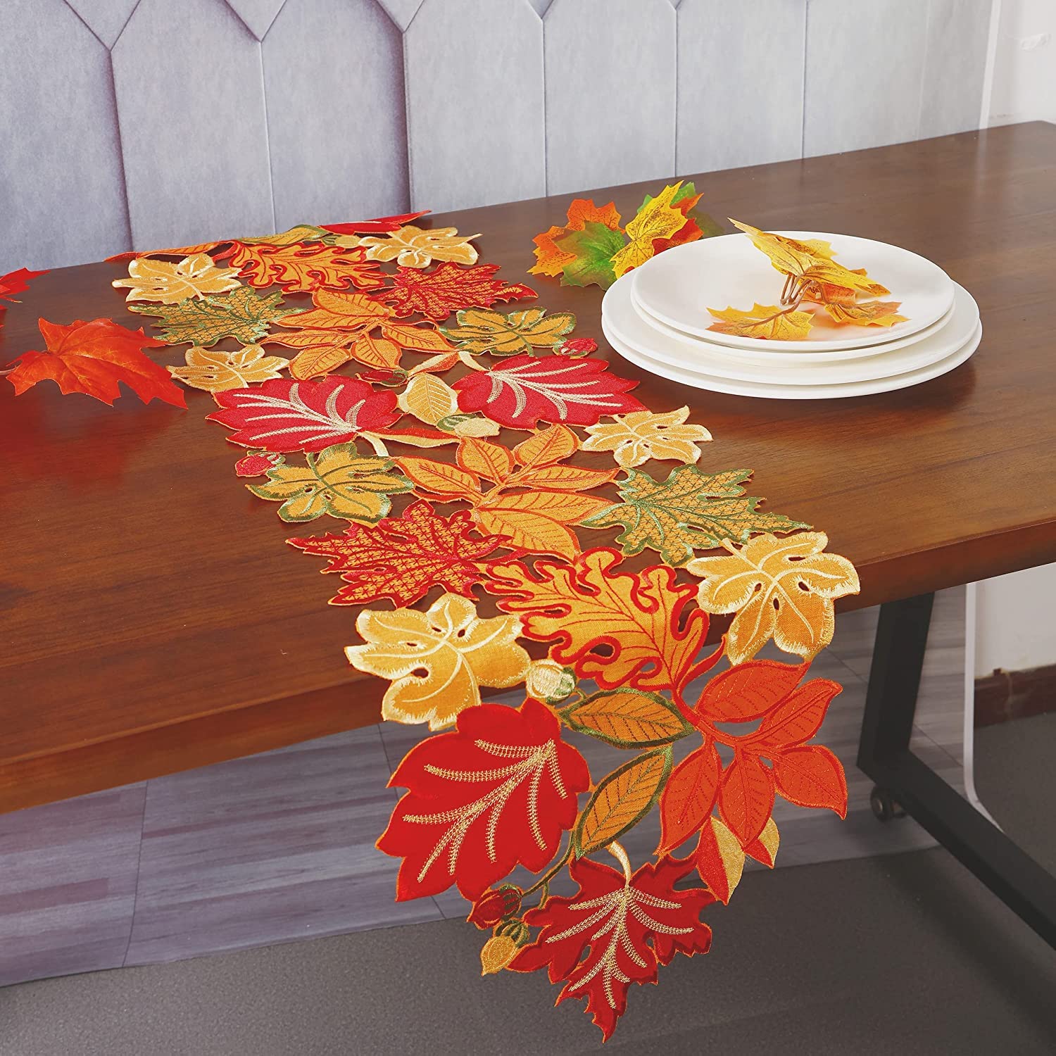 Granddeco Fall Thanksgiving Table Runner Orange Maple Leaves Harvest Autumn Holiday Party Dinner Seasonal Decoration (A-Fall And