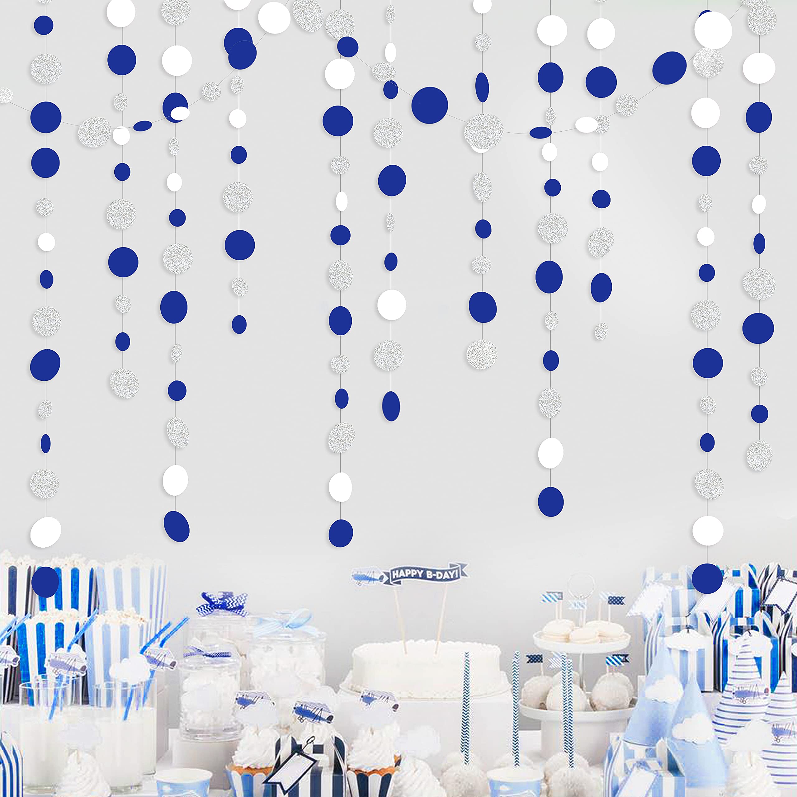 46 Feet Navy Blue White And Silver Circle Dots Garland Royal Blue Hanging Paper Polka Dots Streamer For Birthday Wedding Bridal