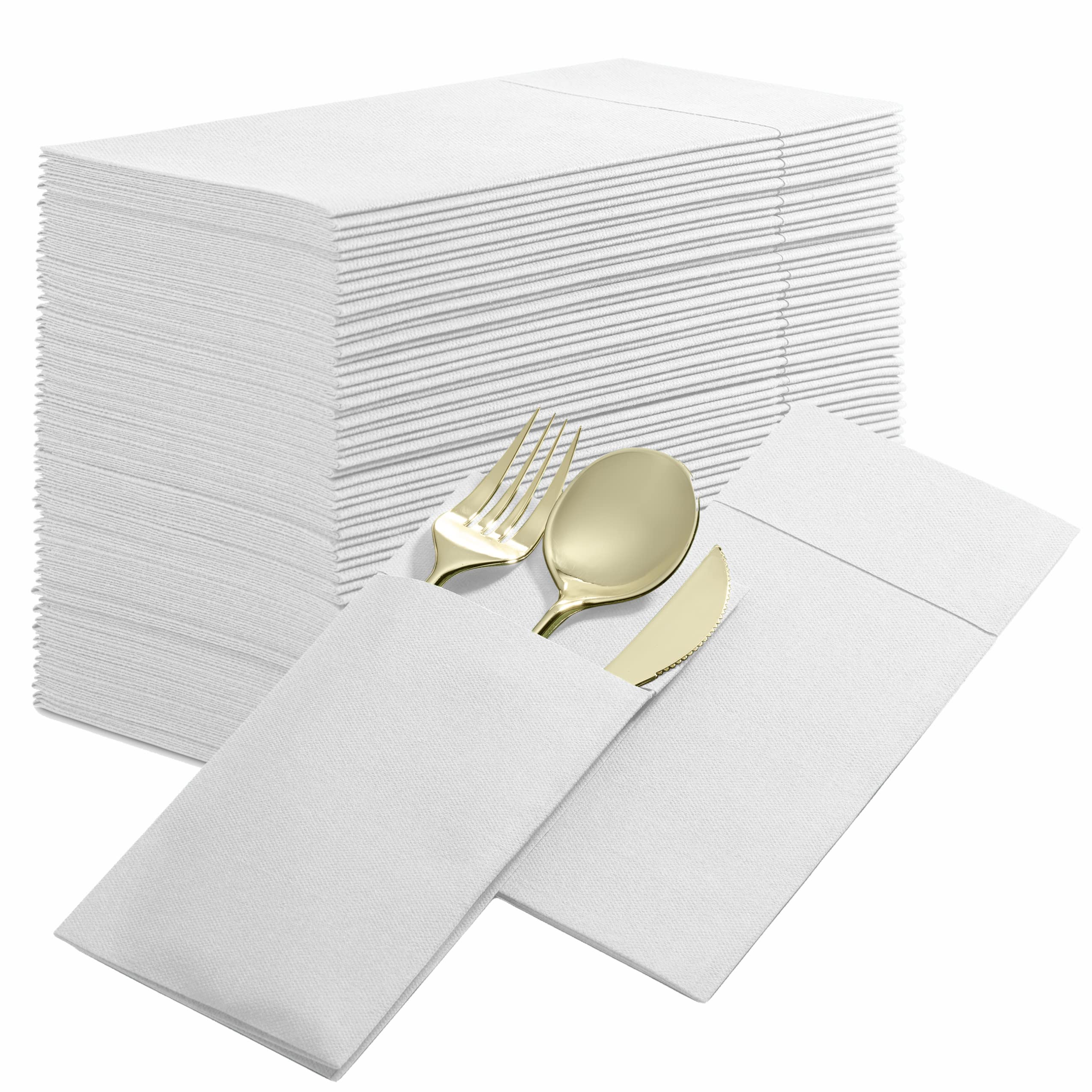 Disposable Linen-Feel Dinner Napkins With Built-In Flatware Pocket, 50-Pack White Prefolded Cloth Like Paper Napkins For Dinner,