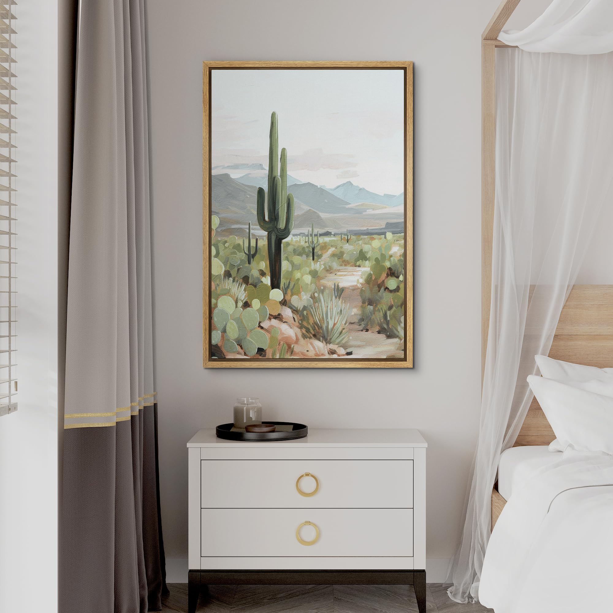 Signford Framed Canvas Print Wall Art Serene Desert Landscape With Tall Cactus Nature Wilderness Illustrations Modern Art Decora