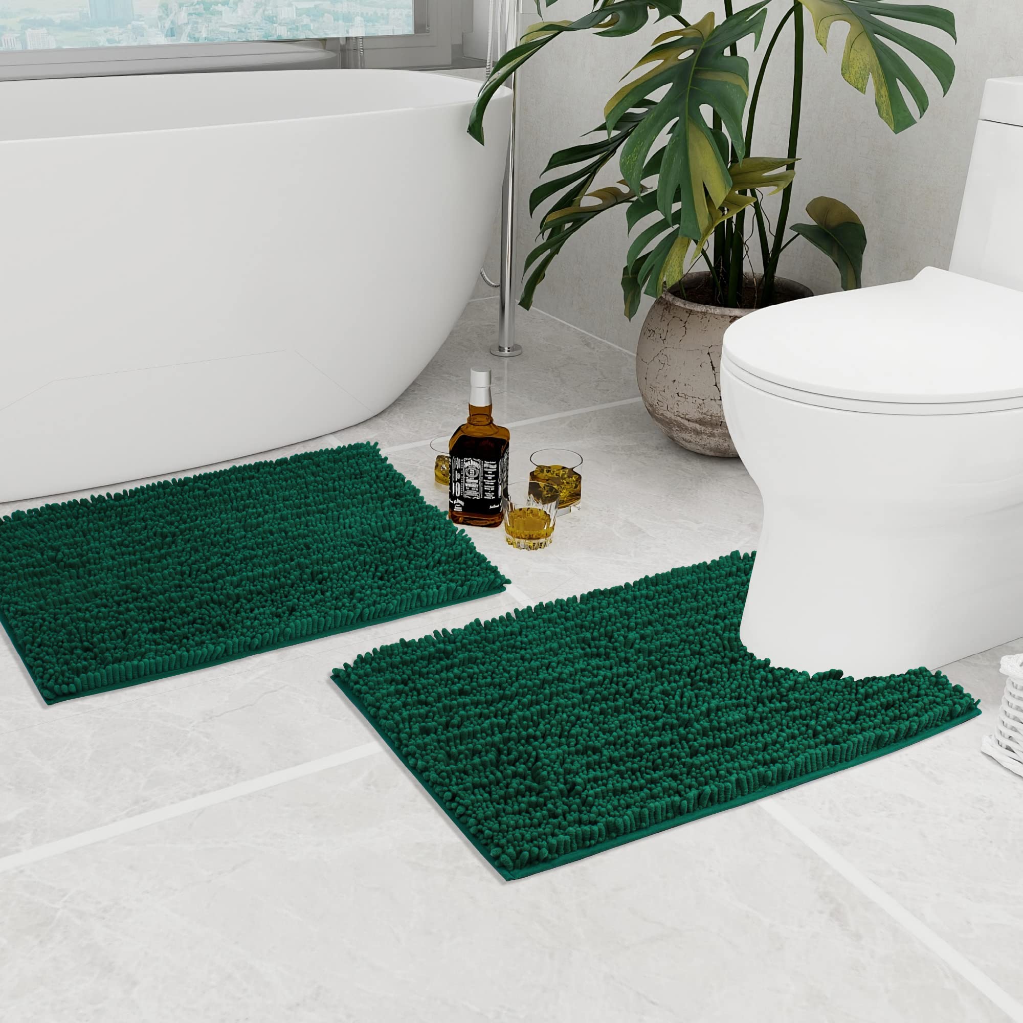 Walensee Bathroom Rug 2 Pieces Set Non Slip Bath Mat (20''X32'' Plus 20''X24'' U Hunter Green) Water Absorbent Super Soft Shaggy