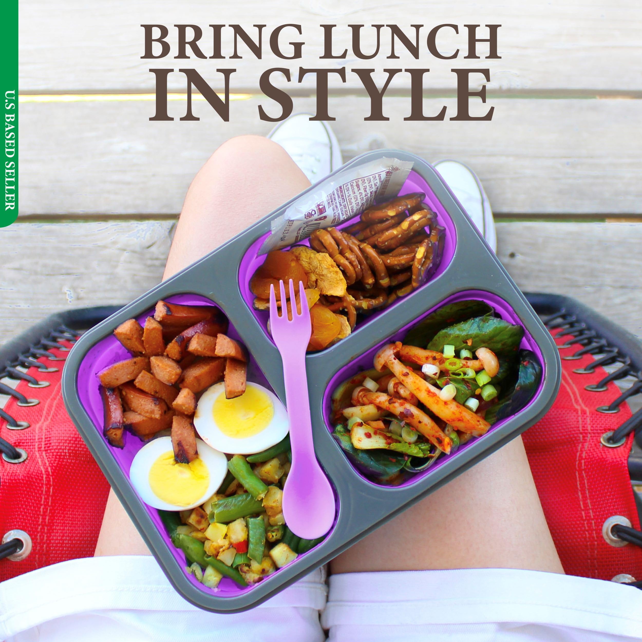 Creekview Home Emporium Collapsible Food Container - Purple Bento Lunch Box With 3 Compartments And Silverware In Lid