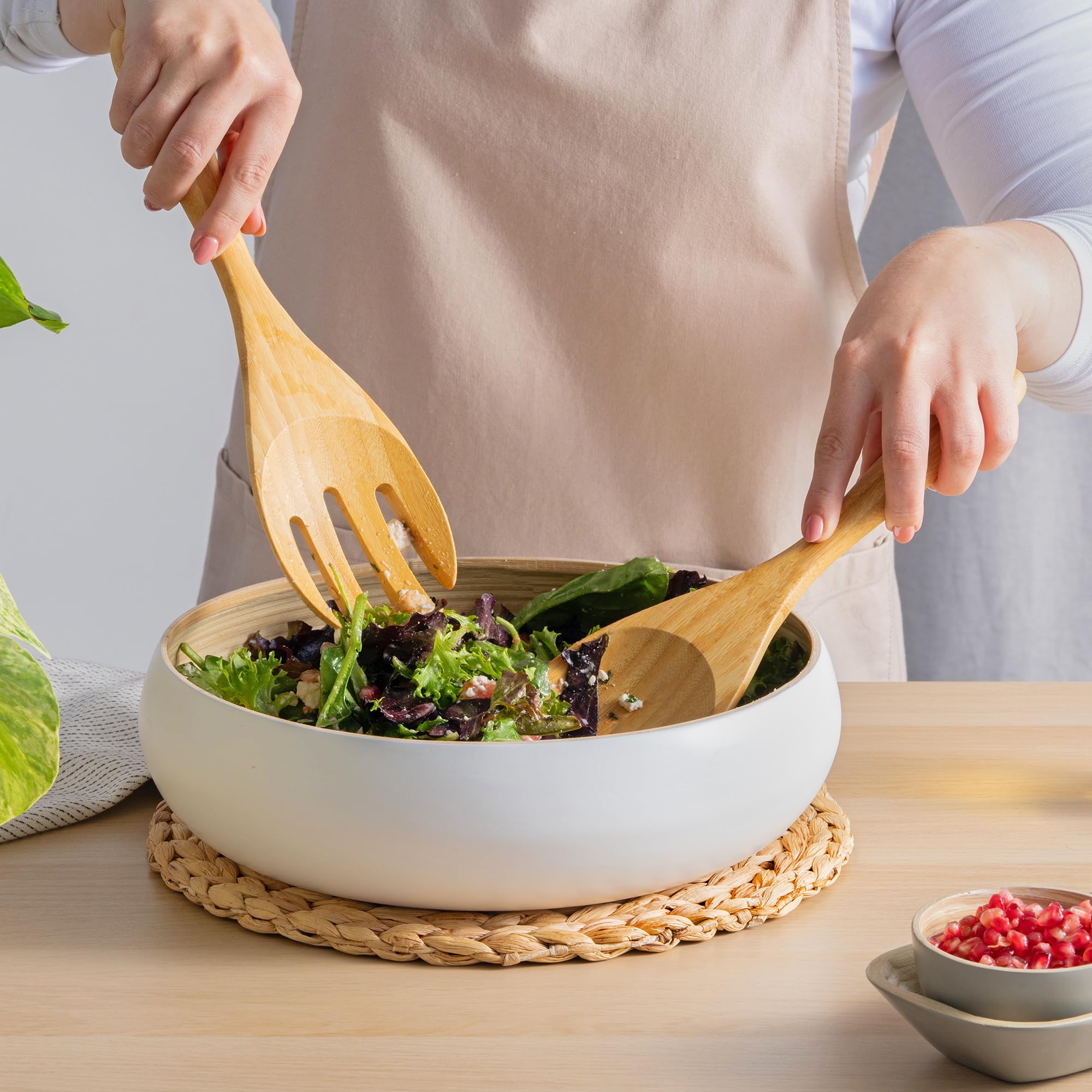 Dehaus Large Premium Bamboo Salad Tongs - Eco Friendly Wooden Serving Spoons - Salad Serving Utensils - Salad Tosser Forks - Gia