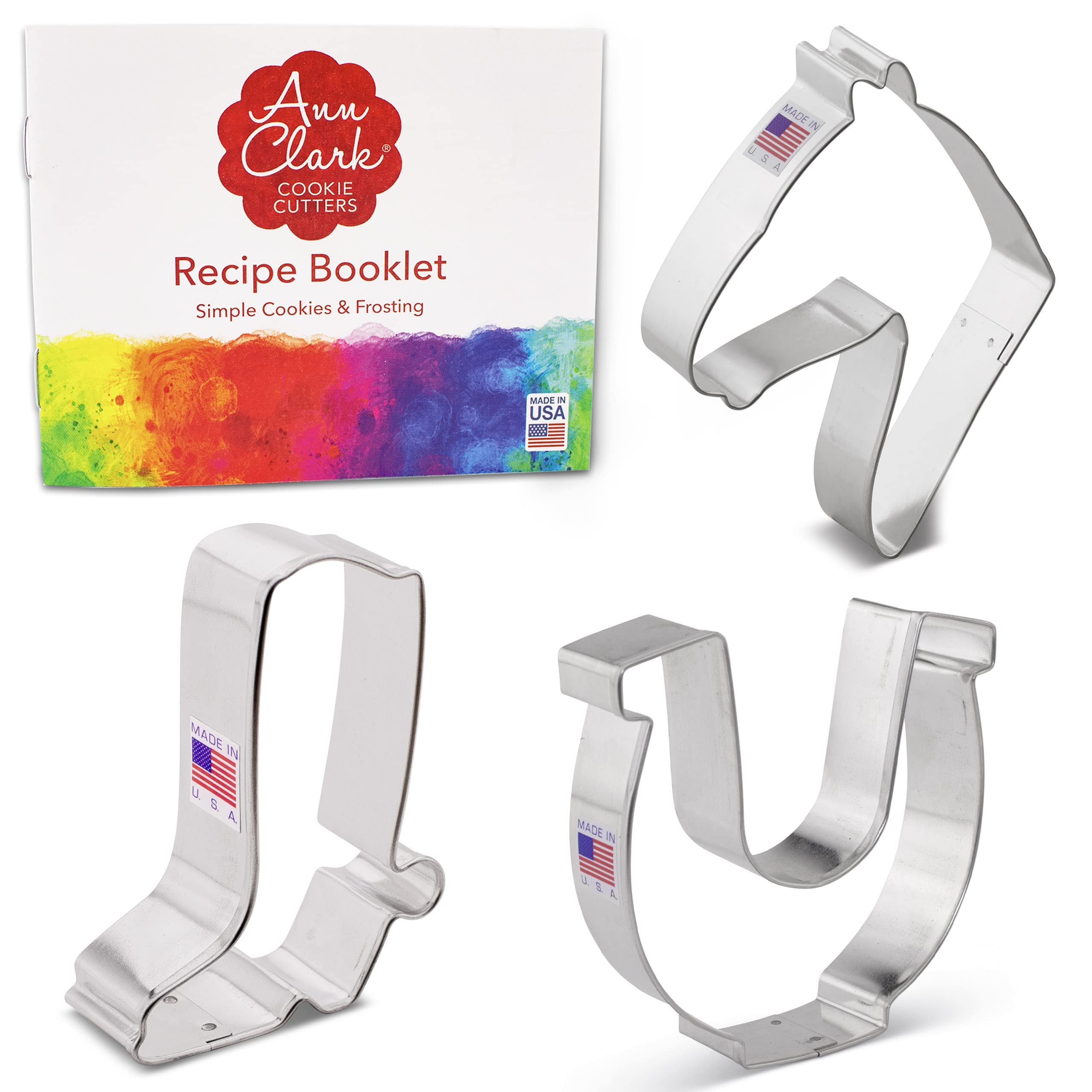 Western/Horse Cowboy Cookie Cutters 3-Pc. Set Made In The Usa By Ann Clark, Horse Head, Cowboy Boot, And Horseshoe