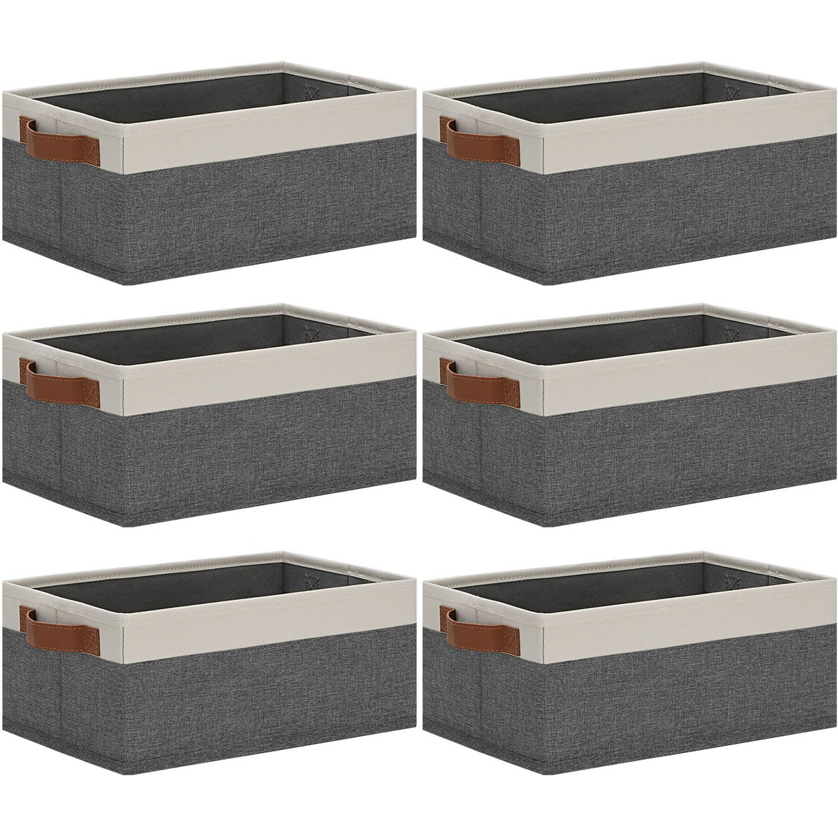 Ghvyennttes Small Fabric Storage Bins 6 Pack, 11.8'' X 7.87'' X 5.11'' Storage Basket With Leather Handles, Closet Storage Bins