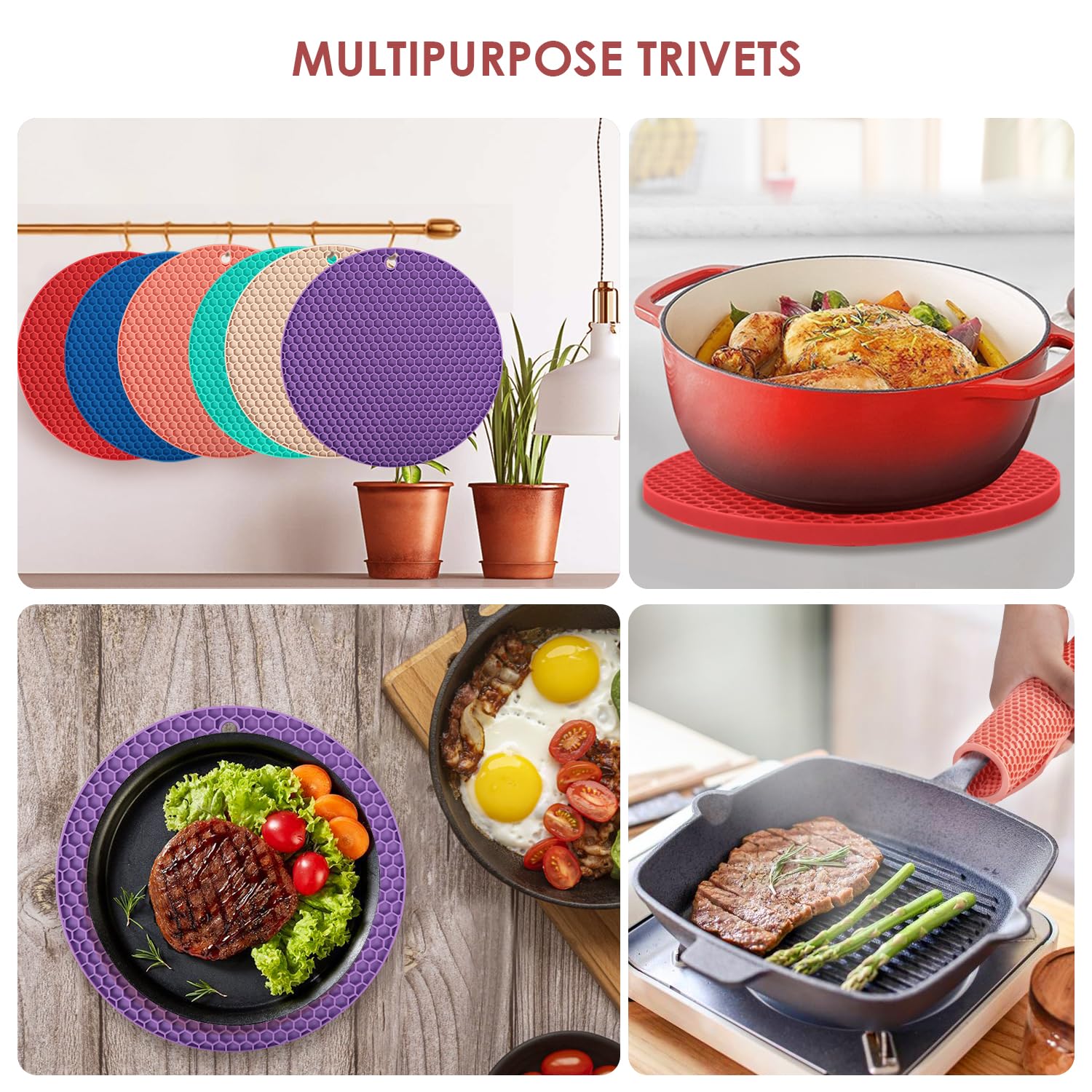 6 Pack Silicone Trivets For Hot Pots And Pans, 9'' Colorful Silicone Trivet For Hot Dishes, Extra Large Non-Slip & Heat Resistan