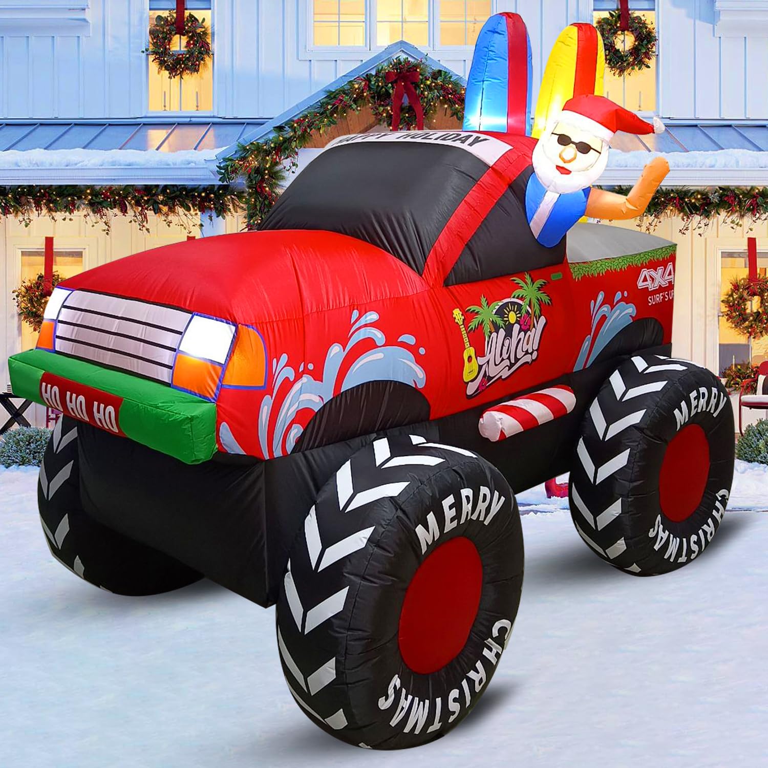 7FT Long Monster Truck by Santa Christmas Inflatables Outdoor Decorations, Xmas Blow up Haiwaii Santa Driving Monster Trucks, In