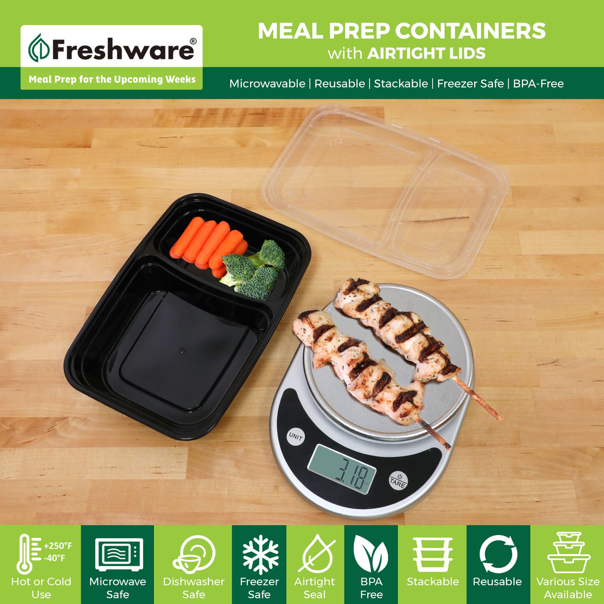 Freshware Meal Prep Containers [15 Pack] 2 Compartment With Lids, Food Storage Containers, Bento Box, Bpa Free, Stackable, Micro