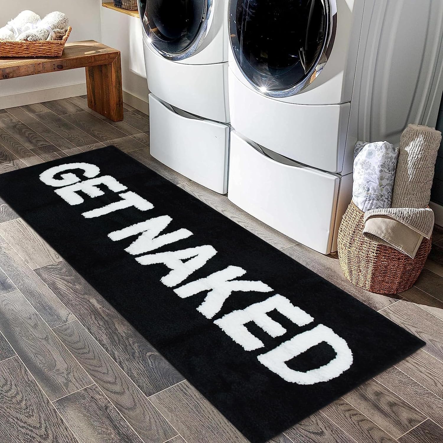 Black Get Naked Bath Mat, Long Runner Mat for Bathroom, Cute Fun Simple Bath Rug, Water Absorbent Non-Slip Microfiber Mat, 18x47