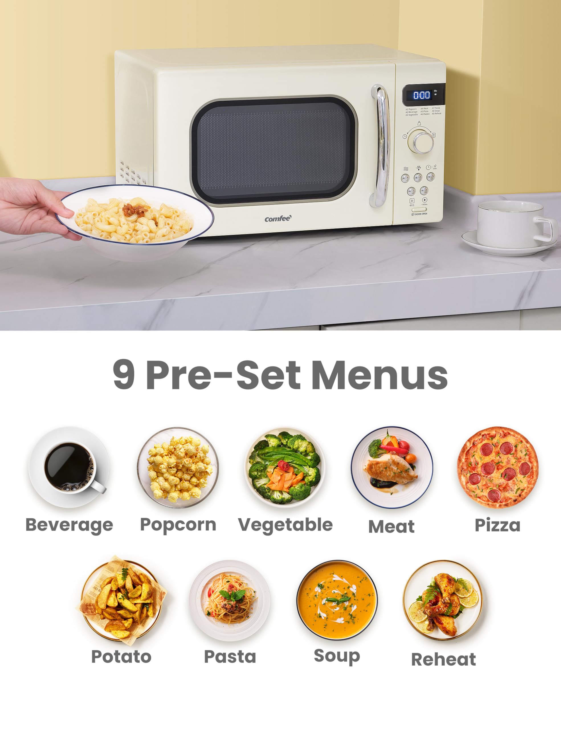Comfee' Retro Small Microwave Oven With Compact Size, 9 Preset Menus, Position-Memory Turntable, Mute Function, Countertop Perfe