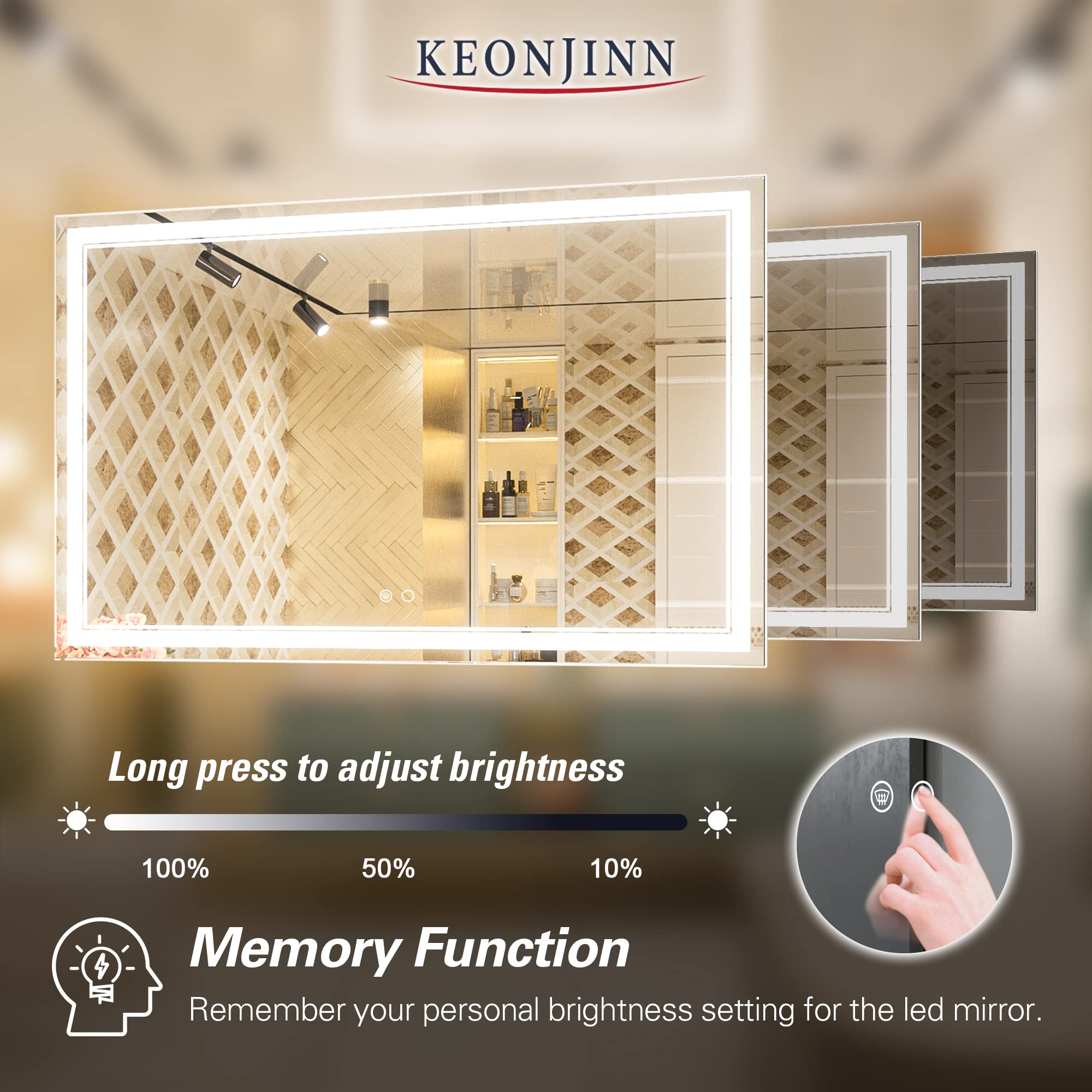 Keonjinn LED Mirror Bathroom Mirror with Lights  Frontlit LED Vanity Mirror  Wall Mounted Anti-Fog Dimmable Lighted Makeup Mirror  IP54 and ShatterProof (Horizontal/Vertical) (55x36)