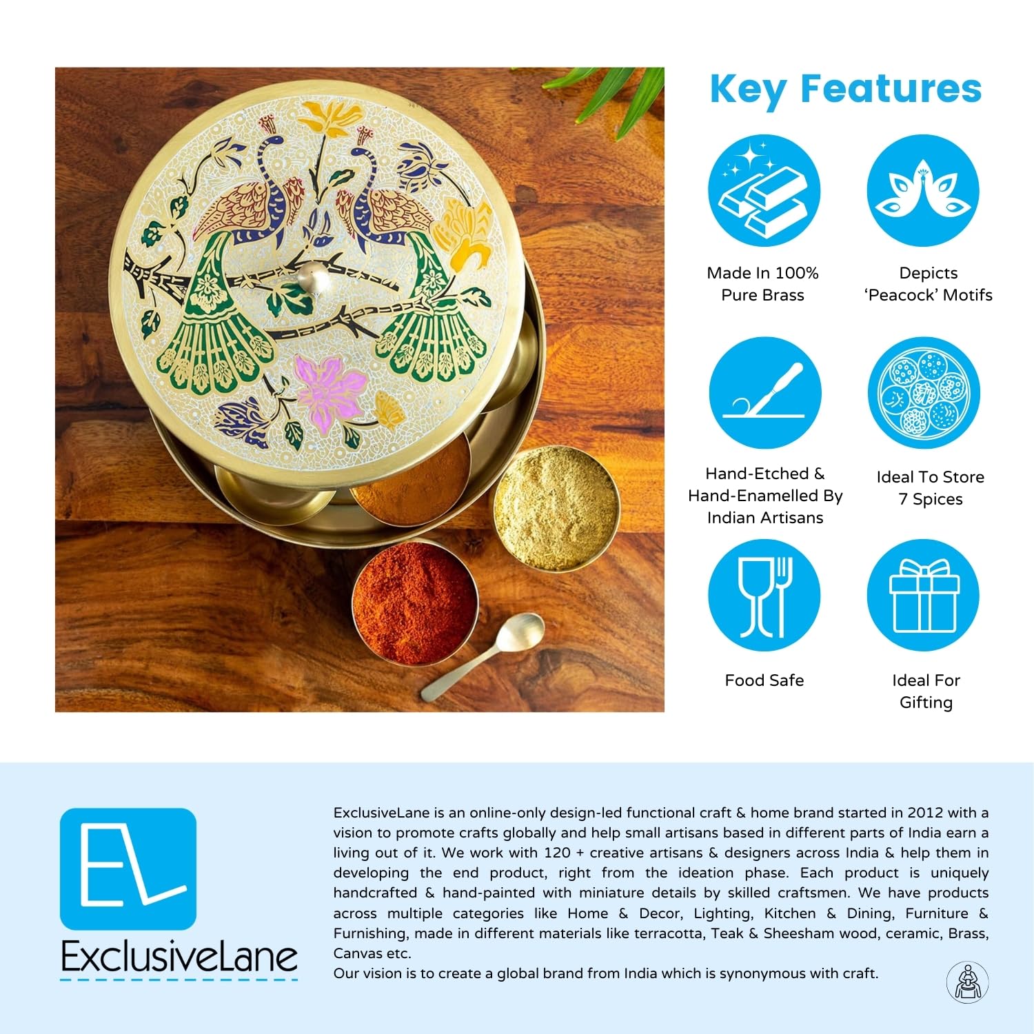 ExclusiveLane Peacock Hand-Etched Brass Masala Box For Kitchen Spice Box With Spoon (Brass, 7 Containers, 110 ML) | Handpainte