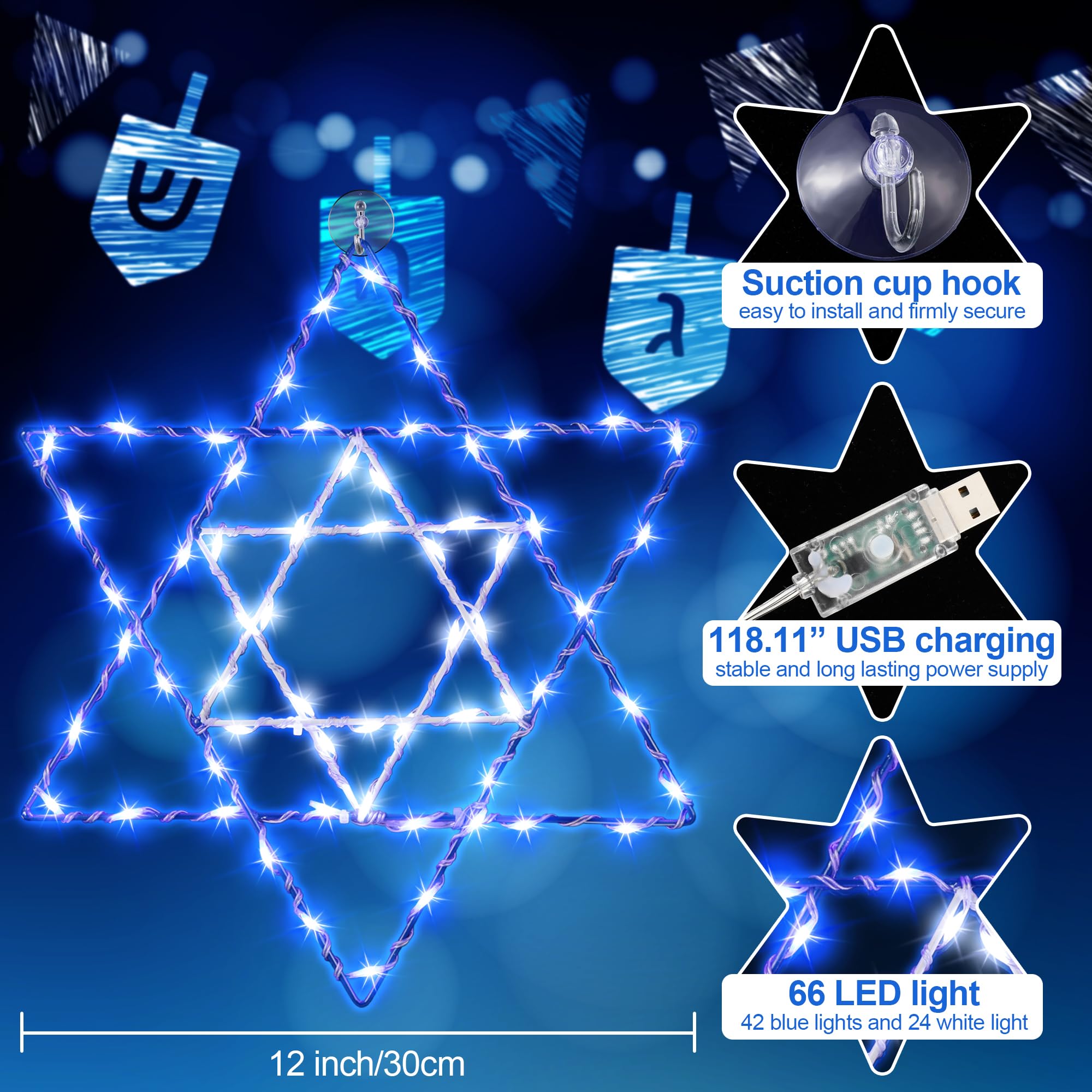 Hiboom Hanukkah Window Lights - 66 LED Blue Star of David Decor, 8 Lighting Modes, USB Powered, Indoor/Outdoor Use