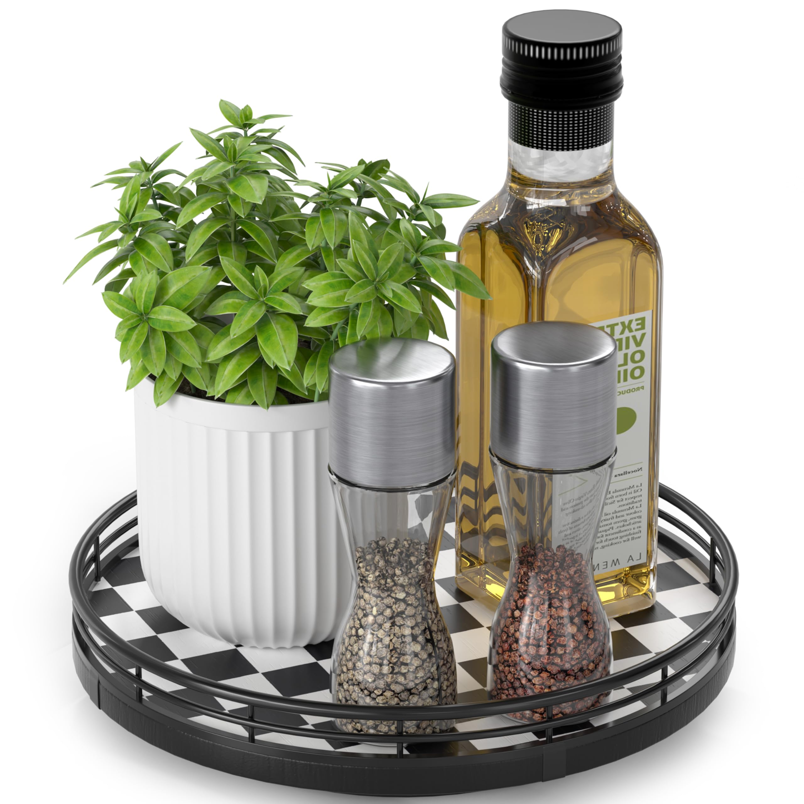 21 Black and White Kitchen Lazy Susan Turntable, Round Checkered Decorative Tray, Large Lazy Susan for Dining Table Centerpiece,