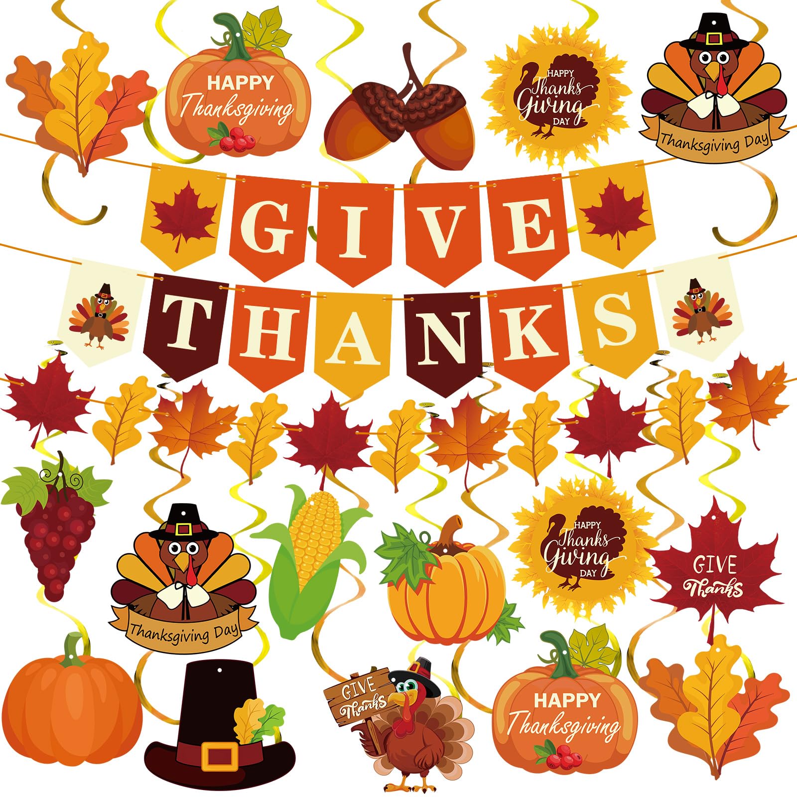 Epakh 51 Pcs Thanksgiving Party Decorations Give Thanks Banner Turkey Pumpkin Harvest Hanging Swirls Thanksgiving Party Ceiling 