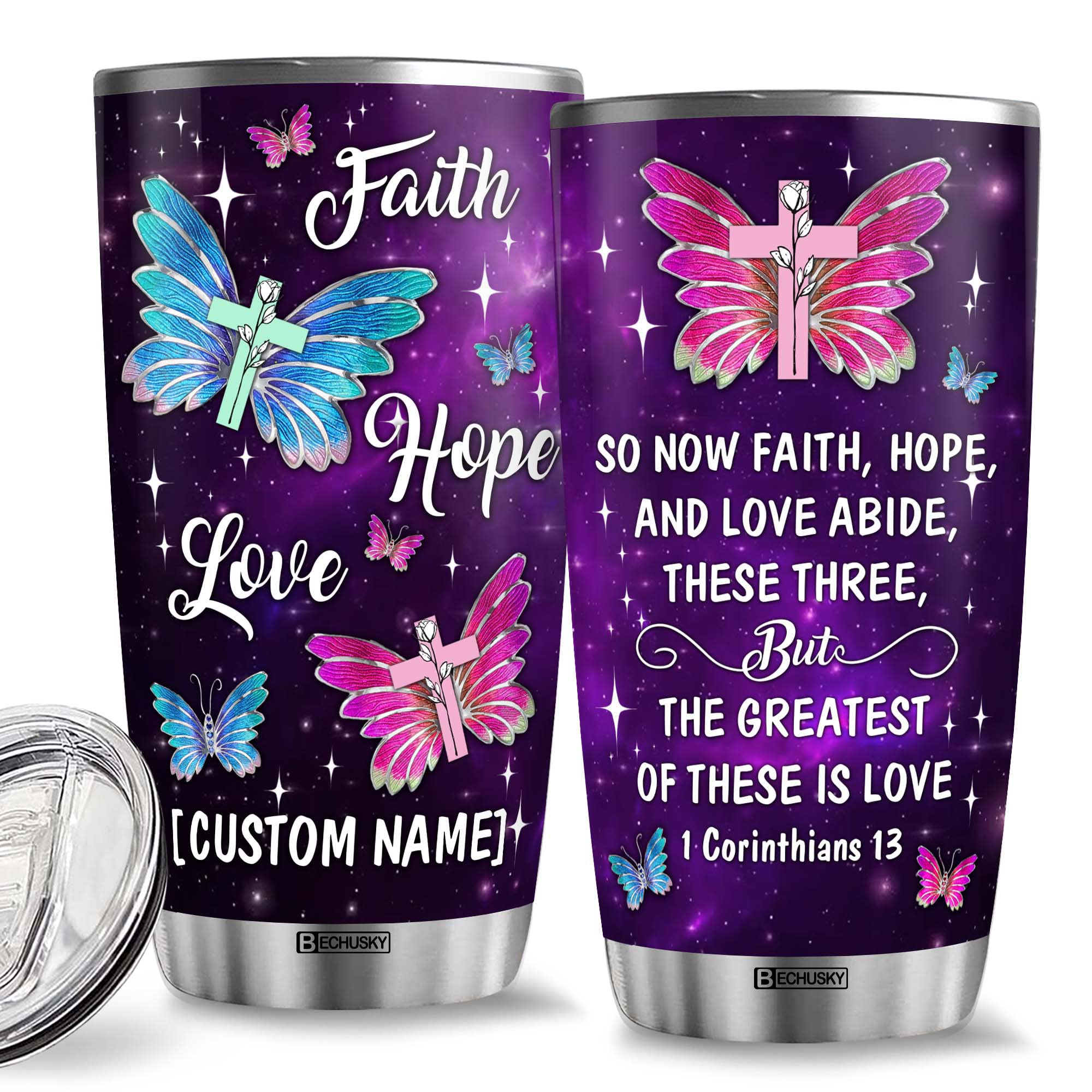 Bechusky Personalized Christian Tumbler, Christian Gift For Wonen, Butterfly Faith Hope Love Mug, Custom Name Bible Verse Christ