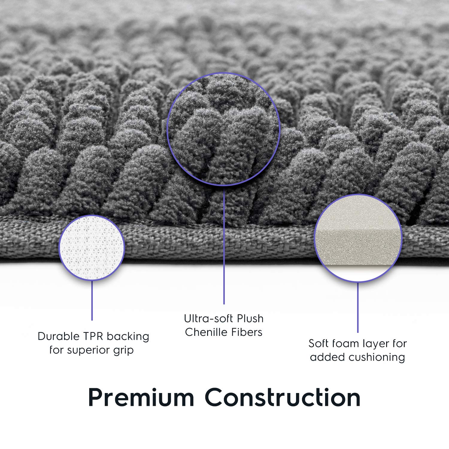 Tafts Ultra Plush Chenille Microfiber Bathroom Rug, Space Grey, 21 X 32 + 20 X 22 - Square Cutout