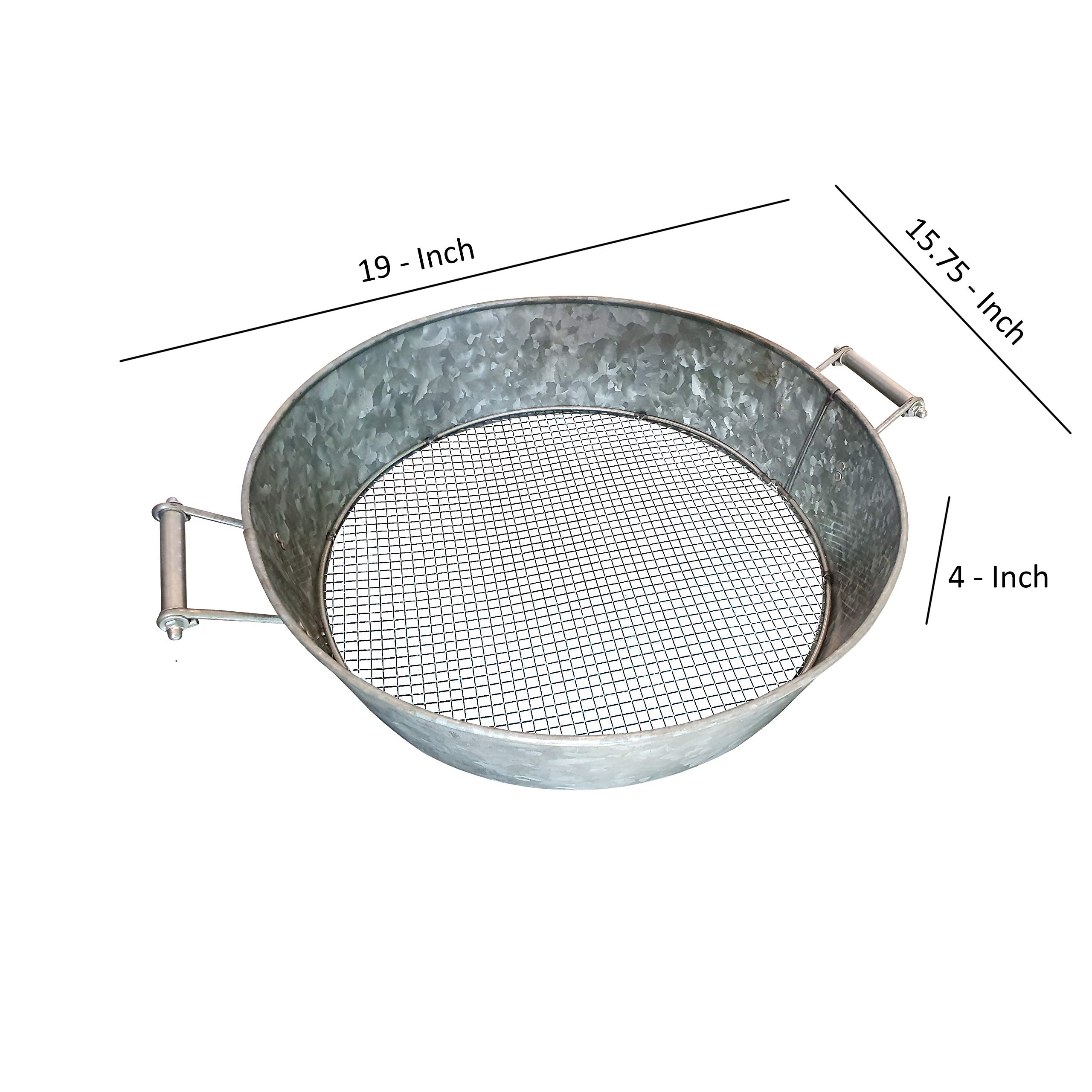 Benzara Round Galvanized Steel Compost Sifter, 4 x 19 x 15.75 in, Antique Silver, Model BM195216, Wire Mesh Design