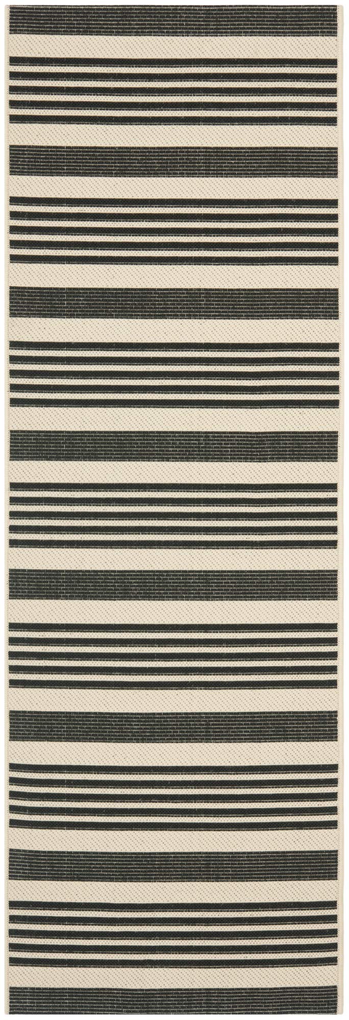 SAFAVIEH Courtyard Collection Runner Rug - 23 x 67, Black & Bone, Stripe Design, Non-Shedding & Easy Care, Indoor/Outdoor & 