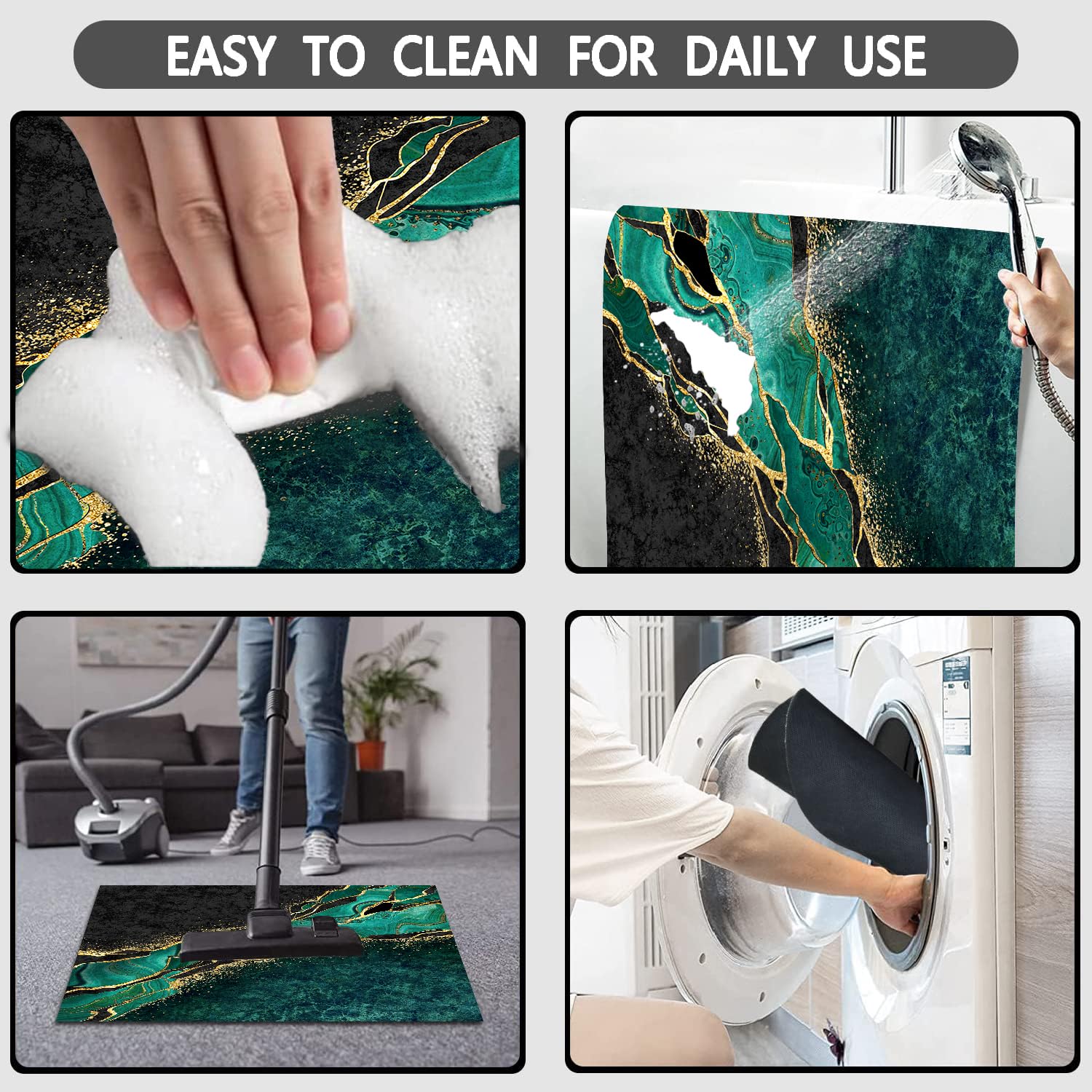 Muginyu Black And Gold Green Bathroom Rugs,Emerald Green Marble Bathroom Kitchen Decor Hunter Dark Green Bathroom Rug Set 3 Piec