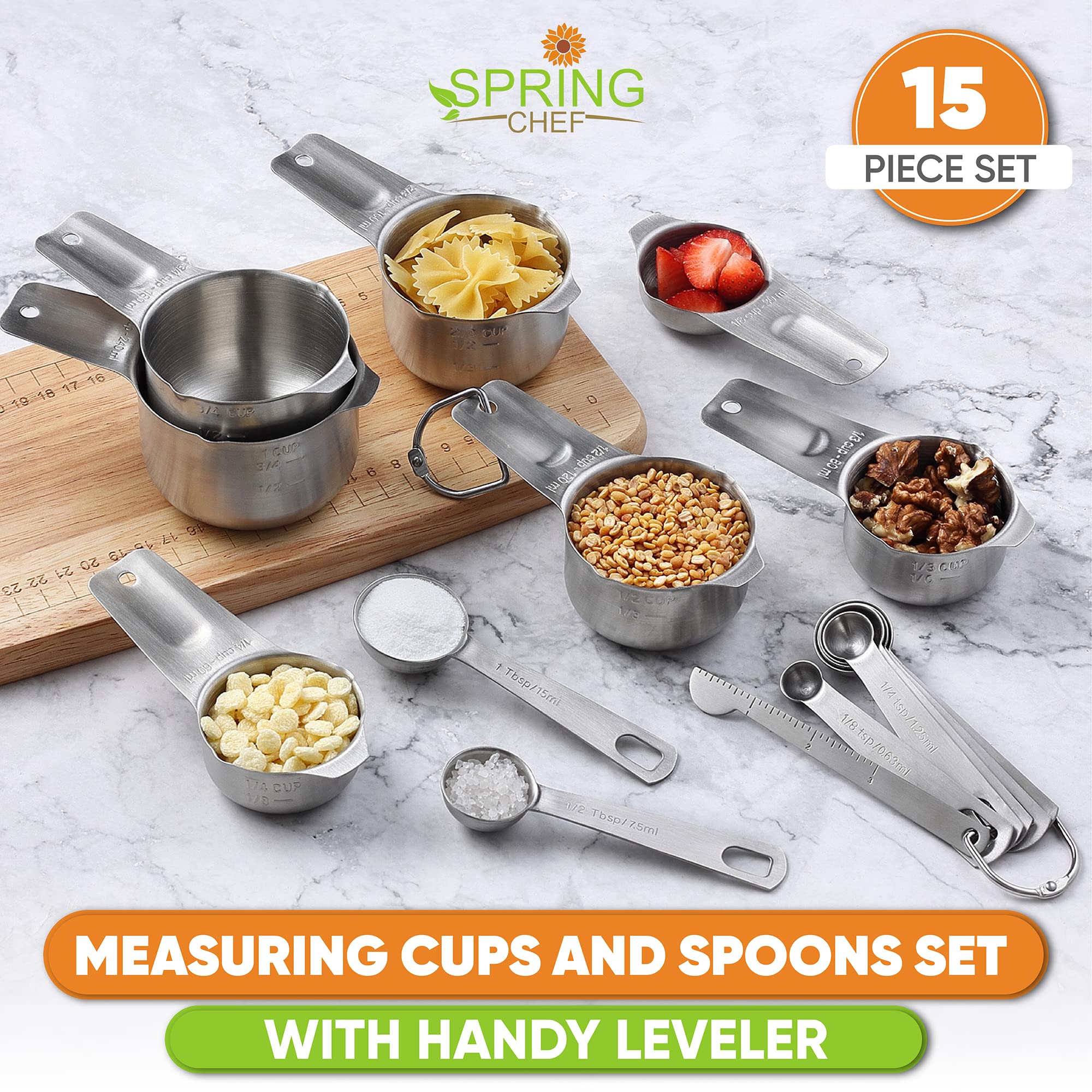 Spring Chef Stainless Steel Measuring Cups & Spoons Set of 15 - Professional Grade for Dry & Liquid Ingredients - 304 Stainless Steel