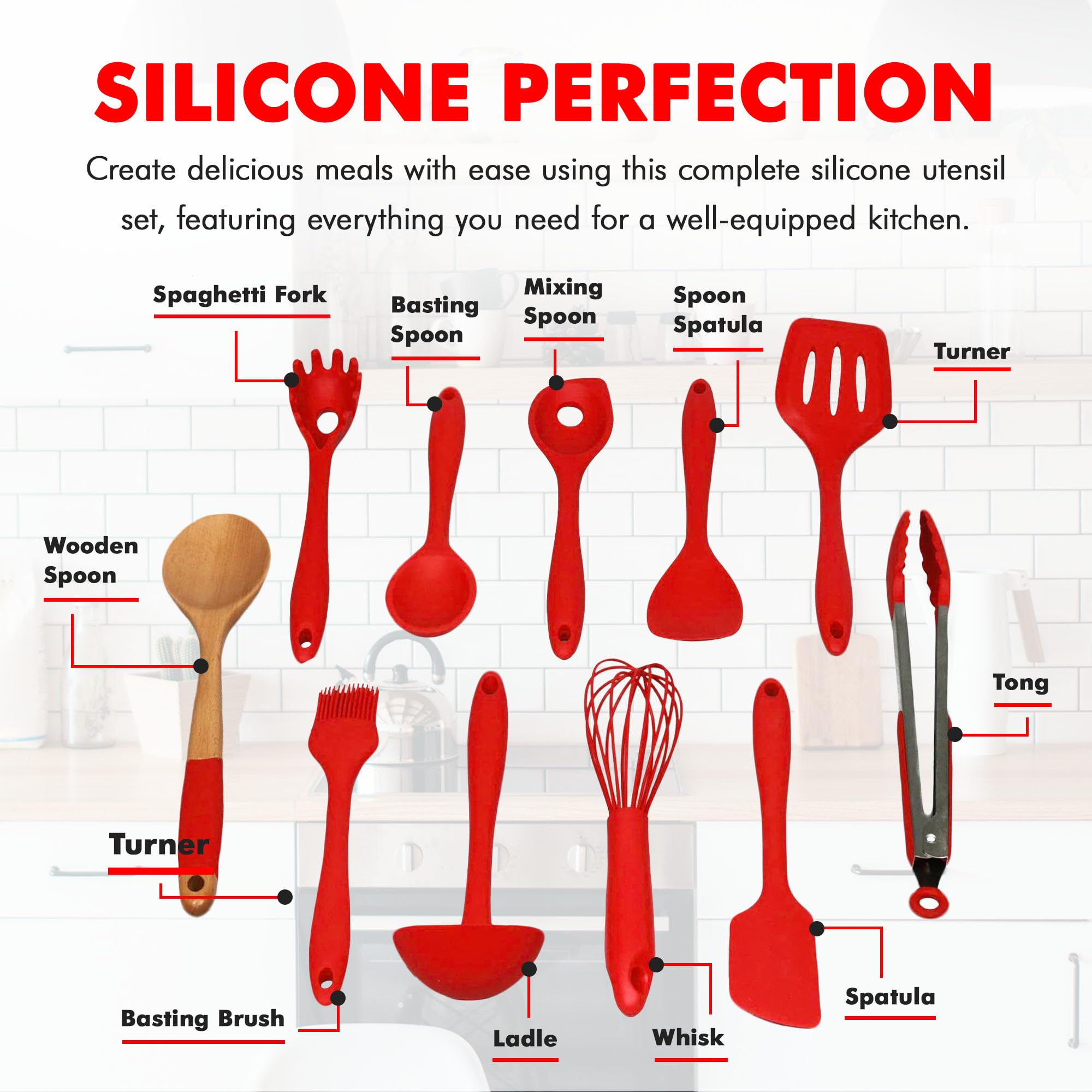 Chef Craft Premium Silicone Kitchen Tool And Utensil Set, 11 Piece Set, Red