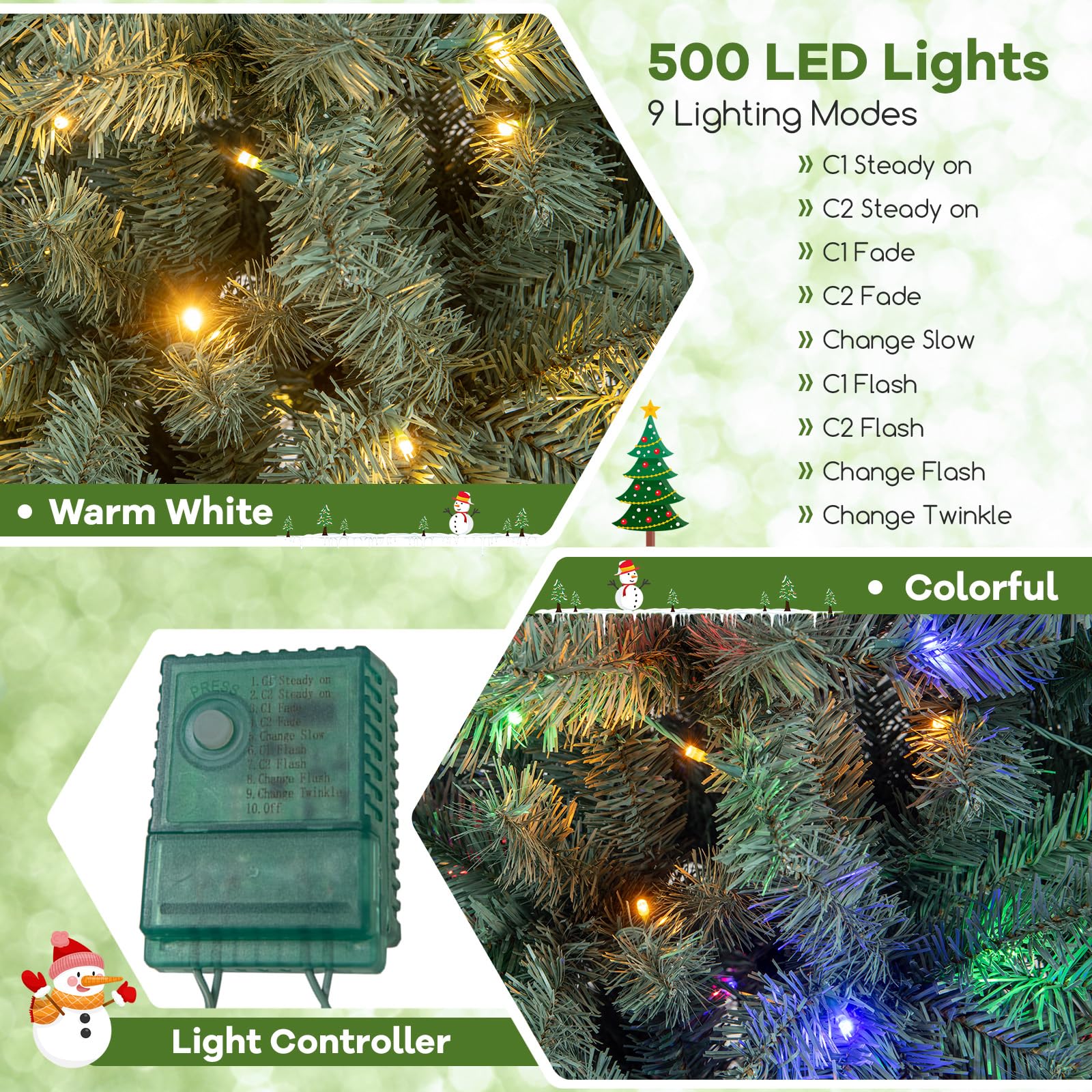 GOFLAME 9FT Pre-Lit Pencil Christmas Tree, Hinged Artificial Xmas Tree with 1168 Branch Tips, 500 LED Lights, 9 Lighting Modes &