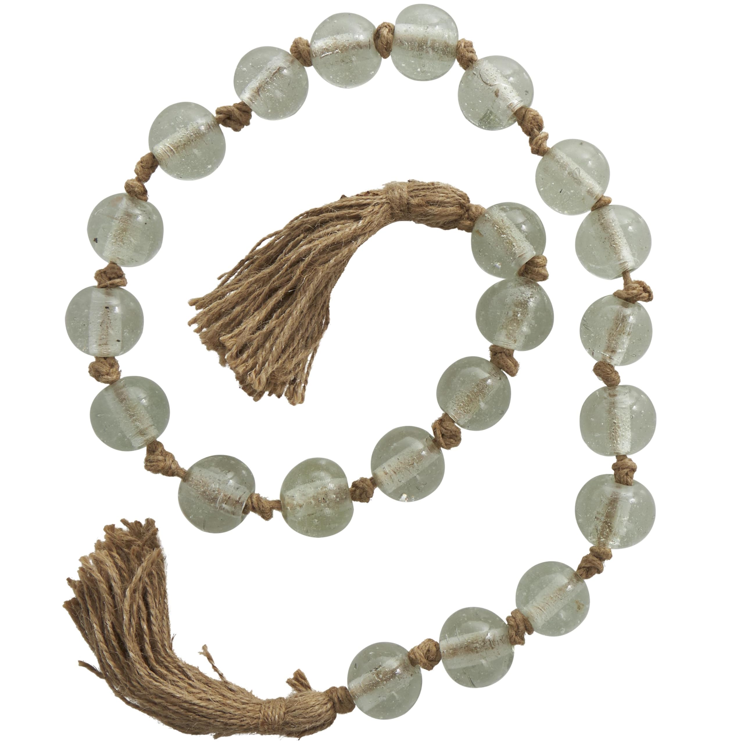 Deco 79 Glass Handmade Round Beaded Garland with Tassel with Knotted Brown Jute, 45 x 1 x 1, Clear