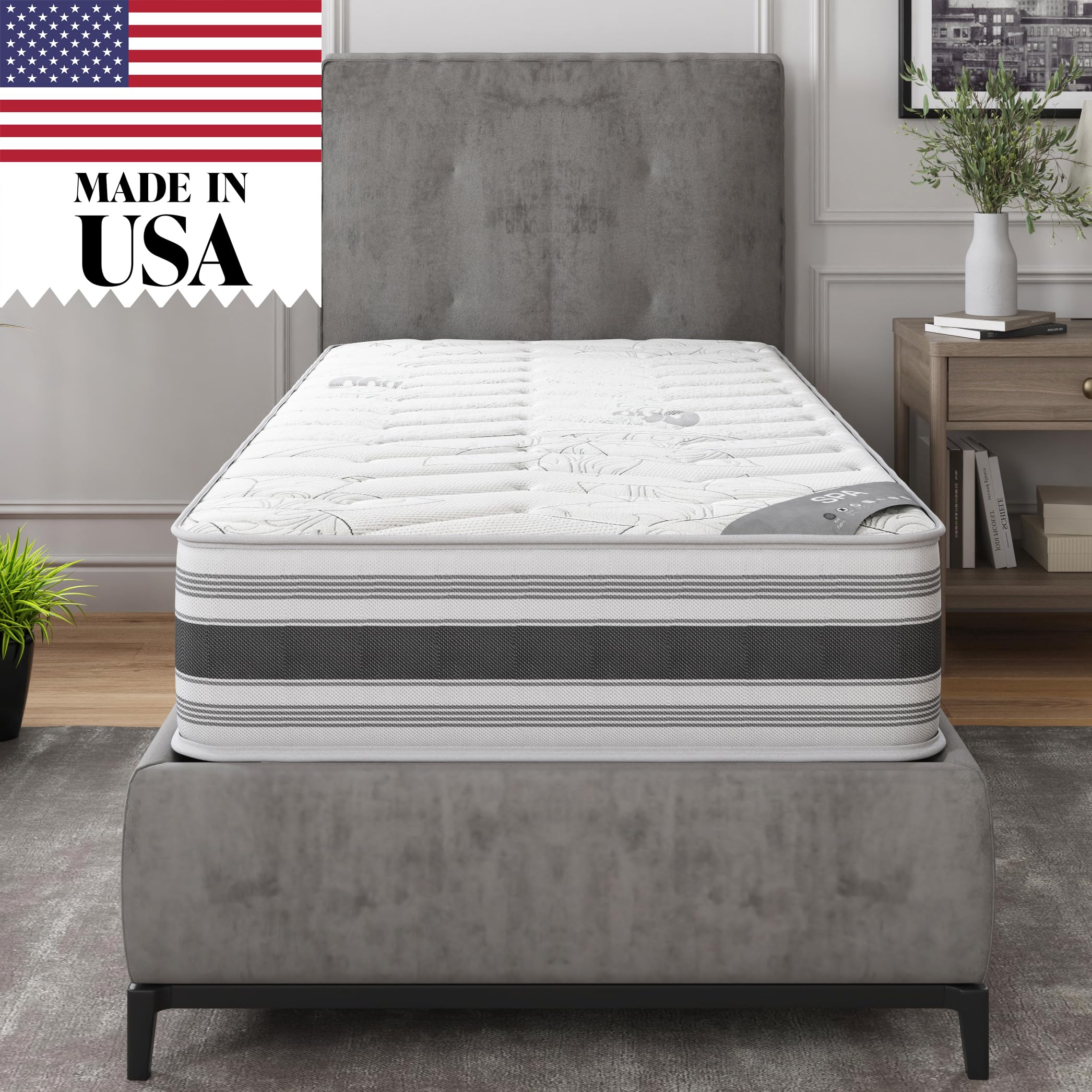 Ottomanson 12'' Twin Mattress In A Box Made In Usa, Firm Mattress, Hybrid Mattress Cool Improved Airflow With Edge To Edge Pocke