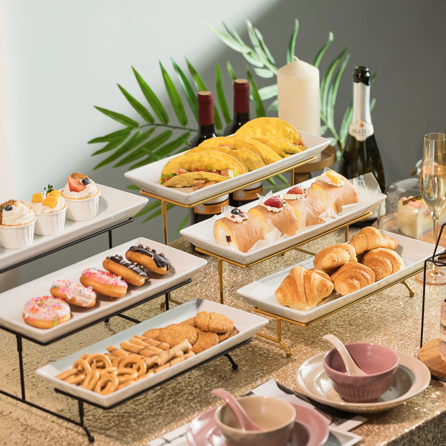 Gomakren 3 Tier Serving Stand With Porcelain Serving Platter Tray - Collapsible Gold Stand With 3 Piece Large14 Inch White Plate