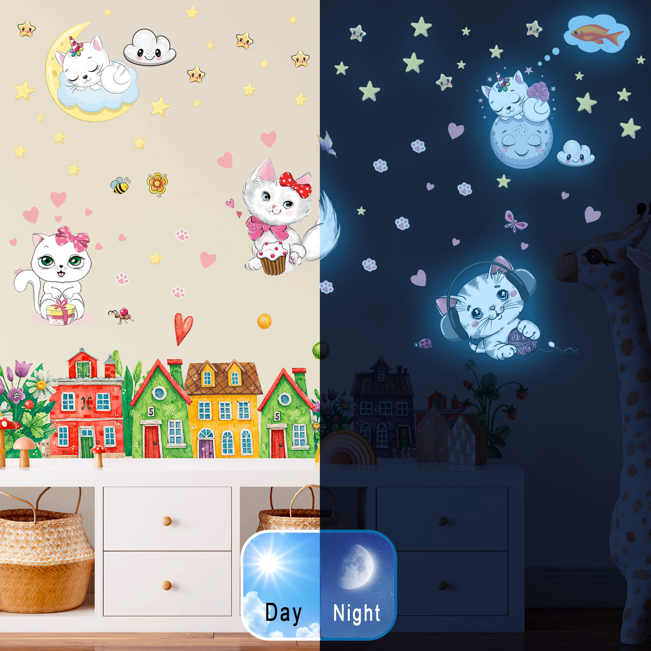 Glow in The Dark Stars for Girl's Room  Glowing Cats Cartoon Wall/Ceiling Decals  Kitten Butterflies Stickers for Kids Bedroom  Luminous Wall Decor for Nursery (Blue)