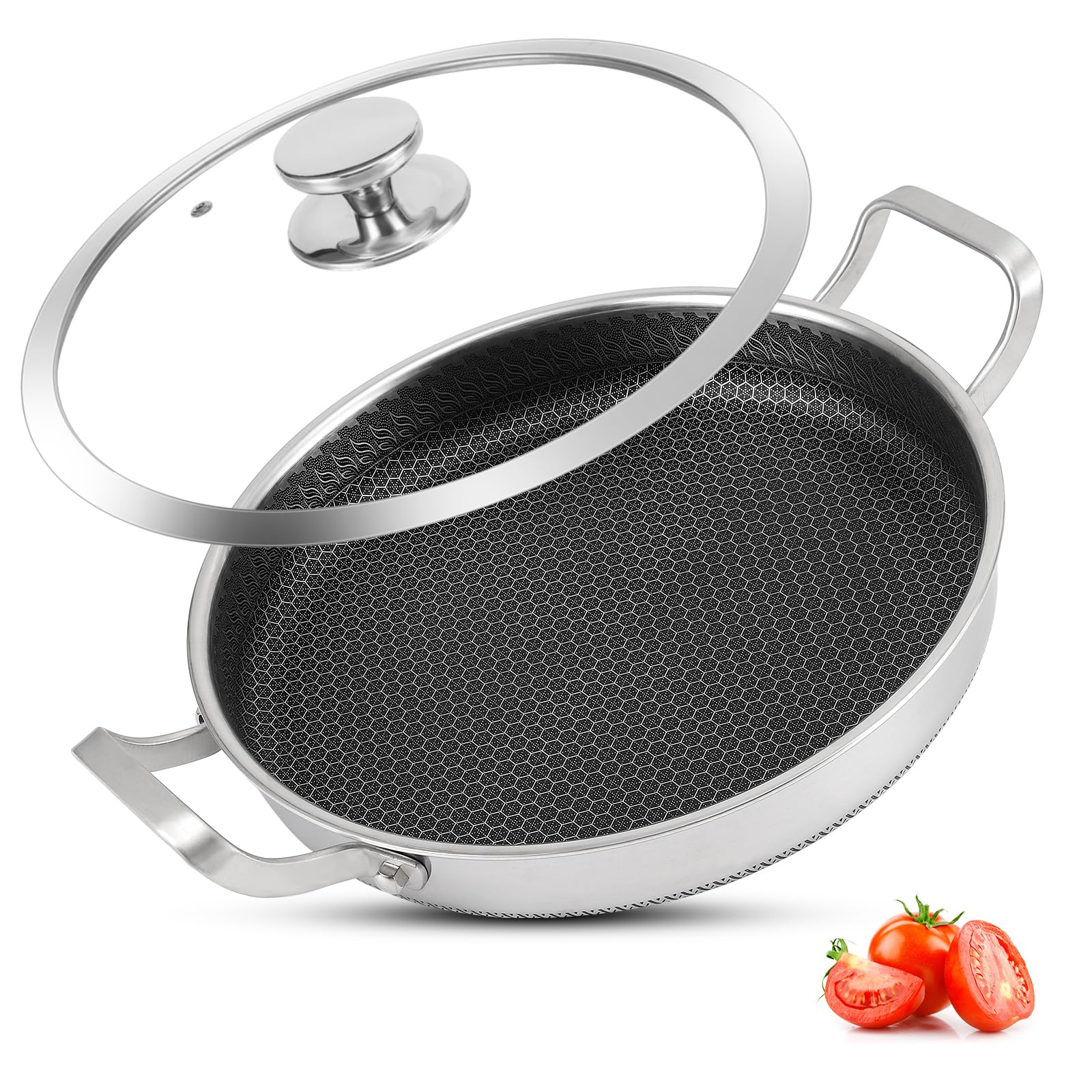 Vegoran Stainless Steel Pan With Cooking Lid,13 Inch Non Stick Frying Pans, Pfoa Free, Dishwasher And Oven Safe Cooking Fry Pans
