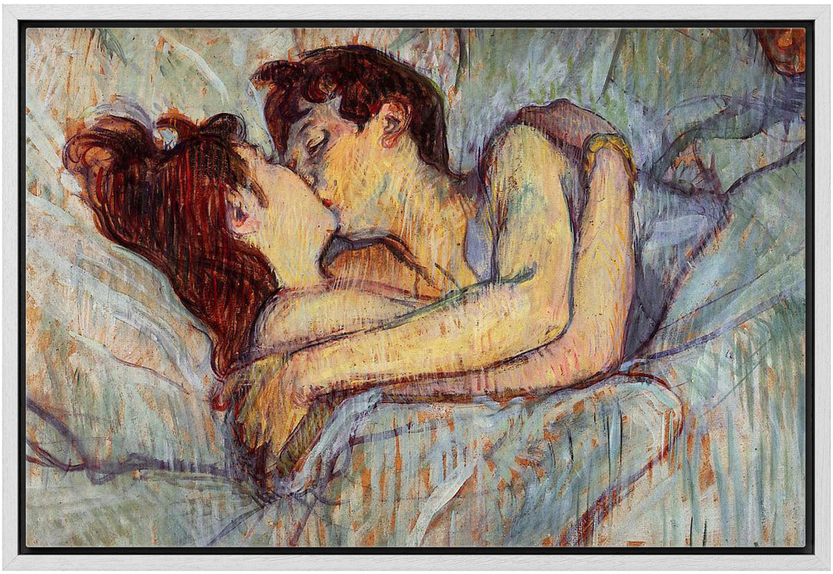 Wall26 - In Bed The Kiss By Henri De Toulouse-Lautrec - Framed Canvas Print Wall Art Famous Painting Reproduction - 16''X24'' Wh