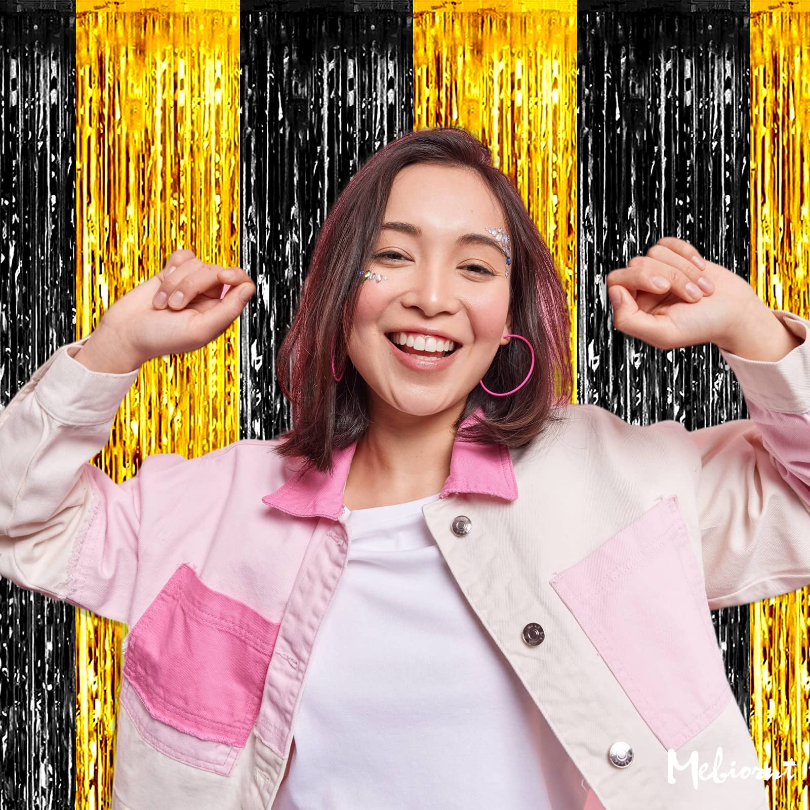 4 Pack 3.2Ft X 8.2Ft Black And Gold Fringe Curtain Backdrop, Metallic Tinsel Foil Fringe Streamers Curtains Background For Photo